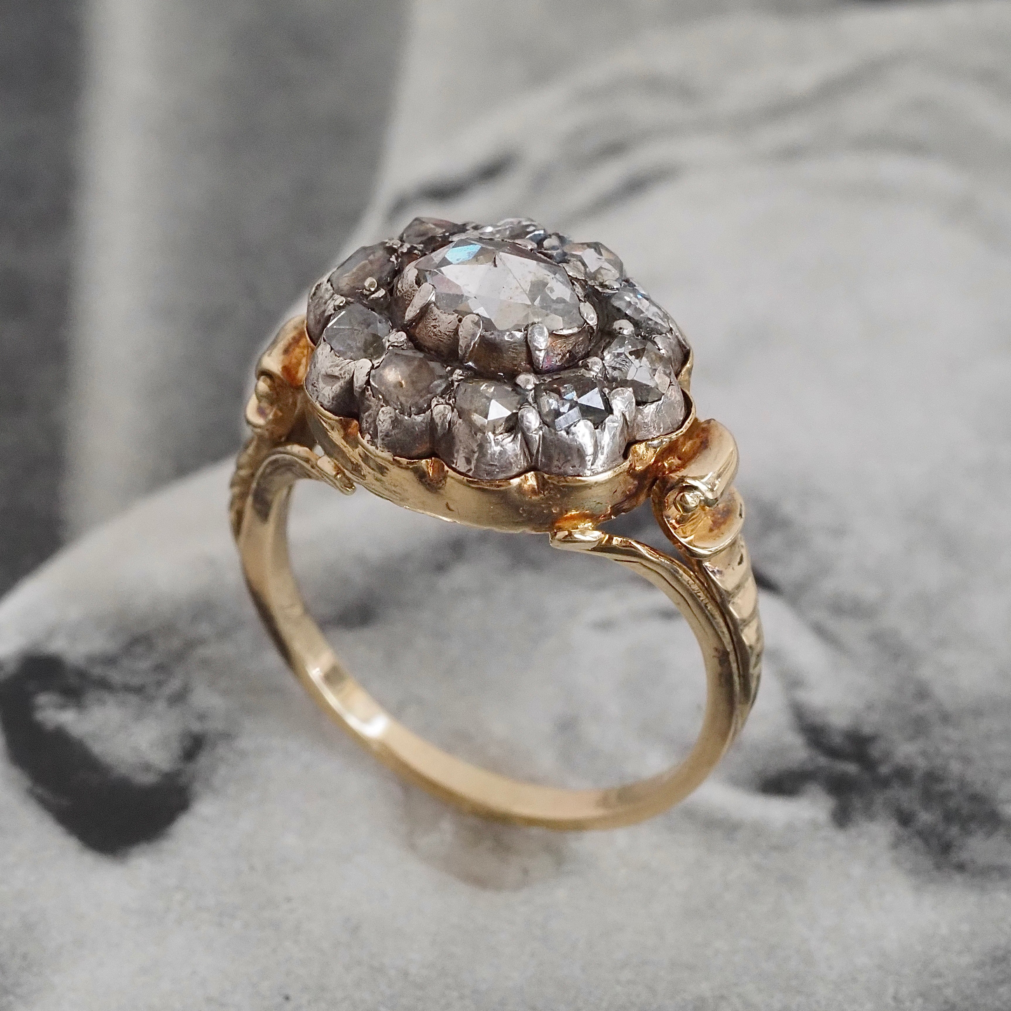Antique Georgian c. 1800-1810 18k Gold Foil Backed Rose Cut Diamond Cluster Ring