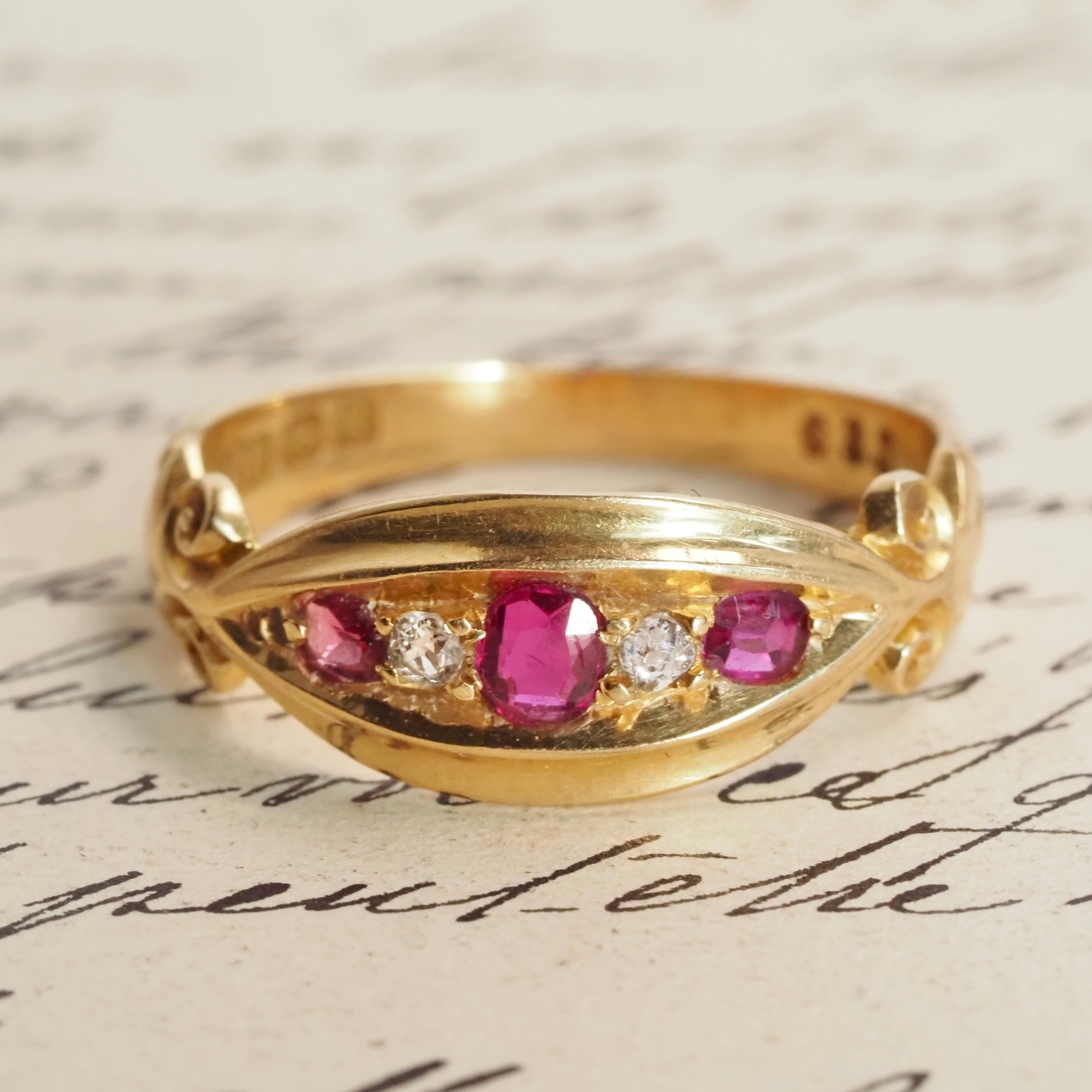 Antique c. 1906 English Ruby Garnet & Diamond 18k Gold Ring