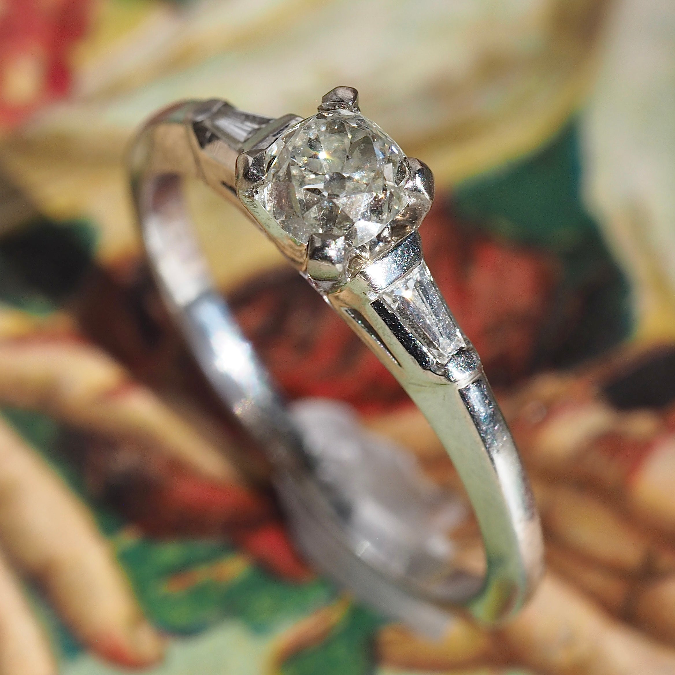 Midcentury 18k White Gold Old Mine Cut Diamond Tapered Baguette Ring
