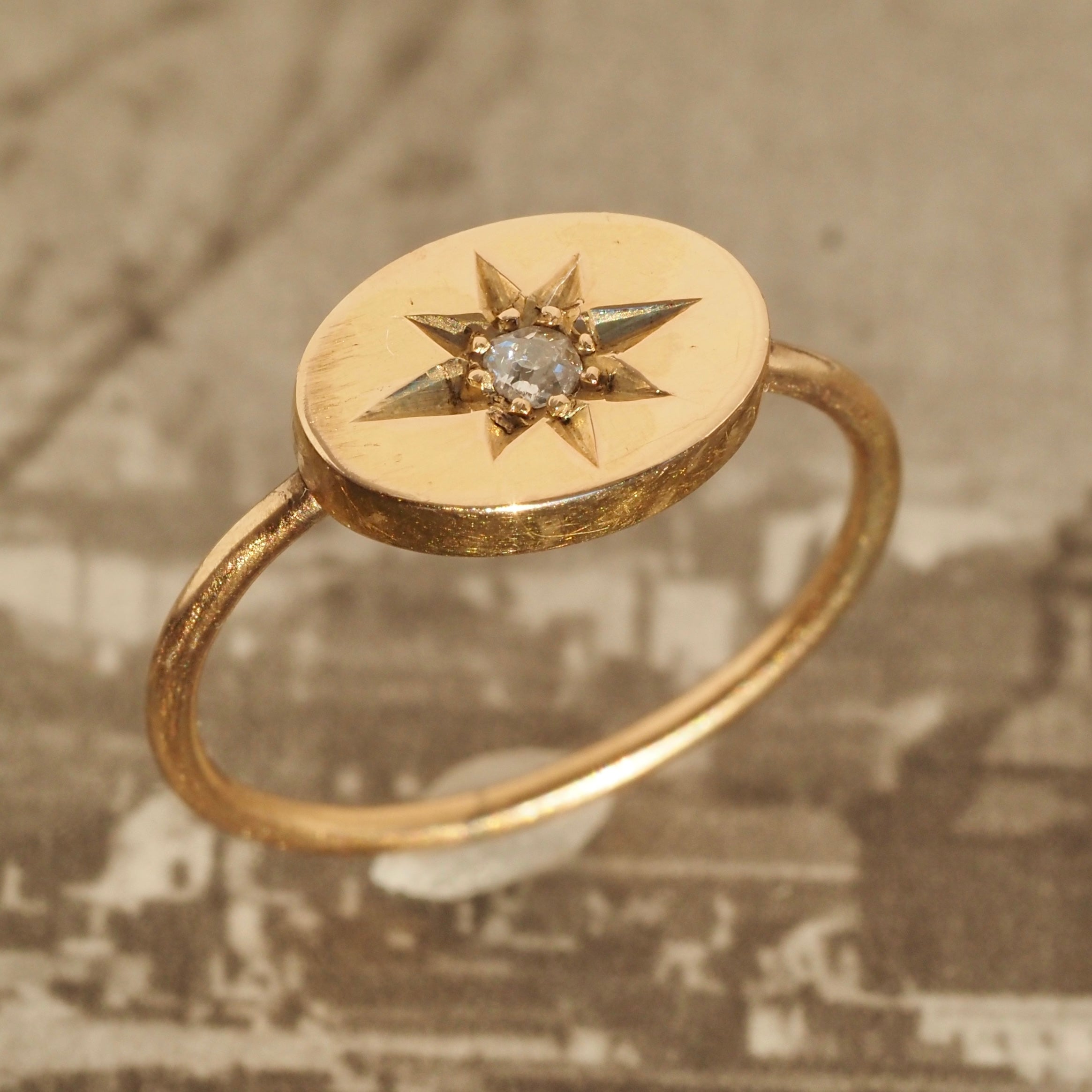 Antique English Old Mine Cut Diamond Starburst 15k Gold Ring