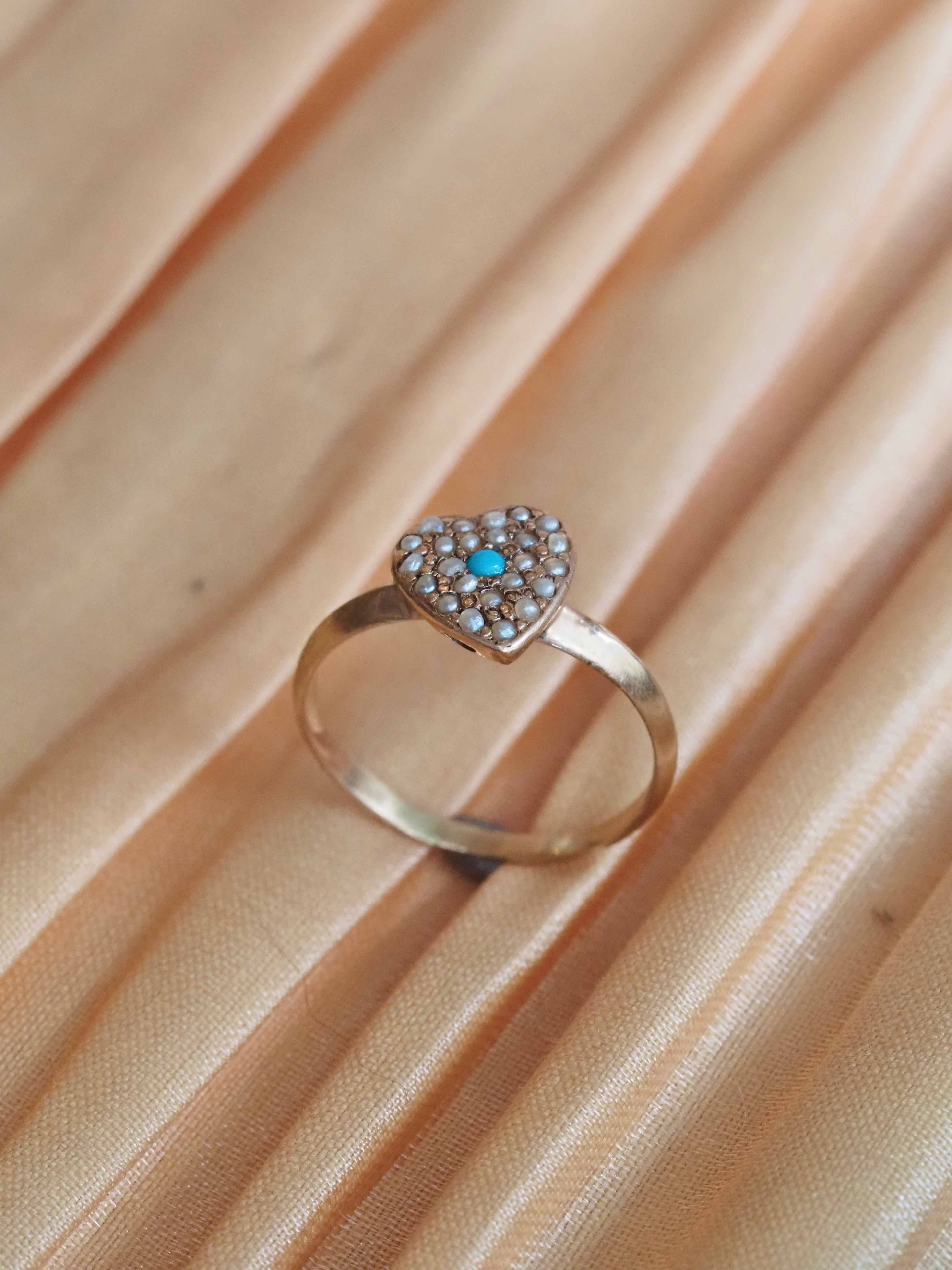 Vintage 10k Gold Turquoise & Seed Pearl Heart Ring