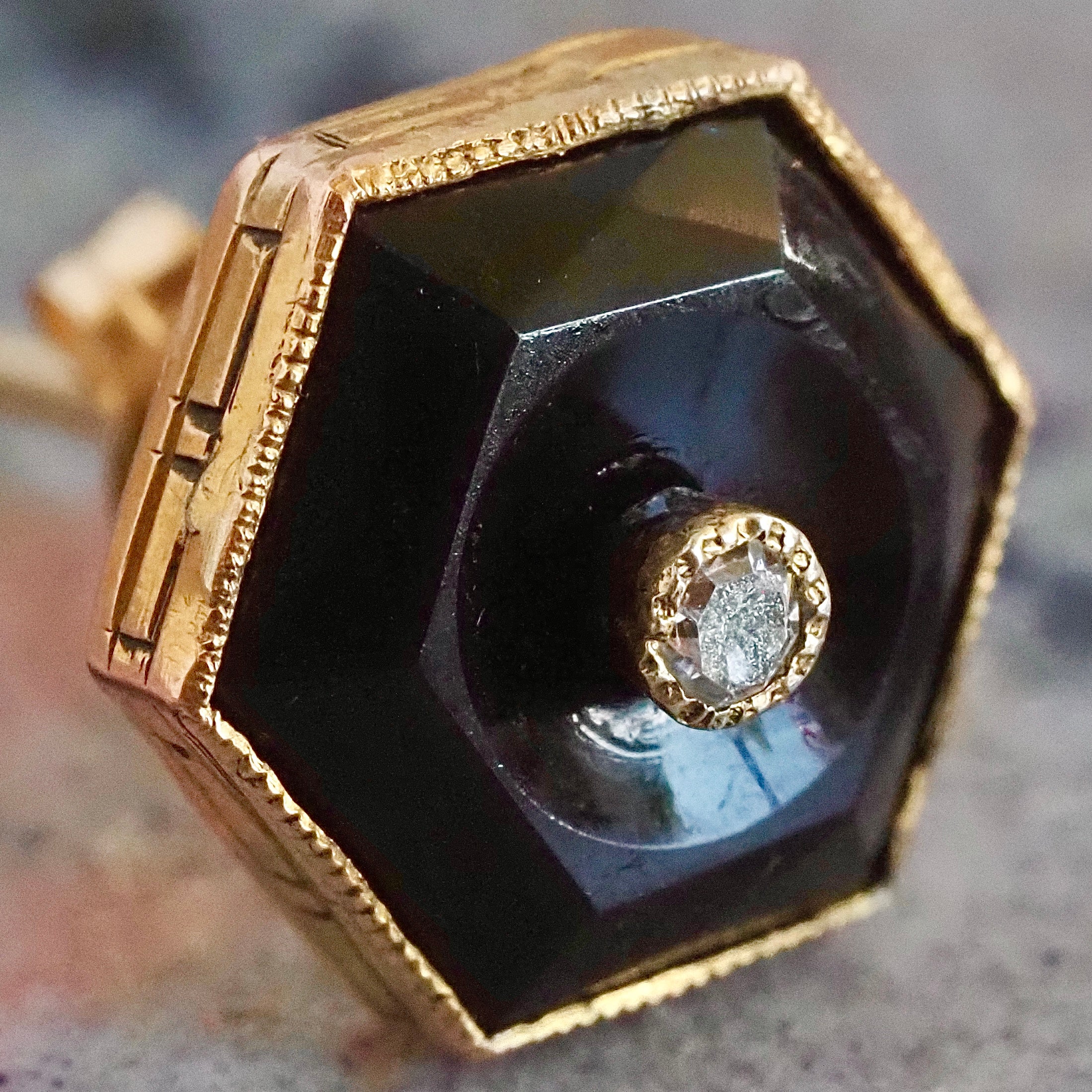 Antique Art Deco 14k Gold Hexagon Onyx and Diamond Stud Earrings