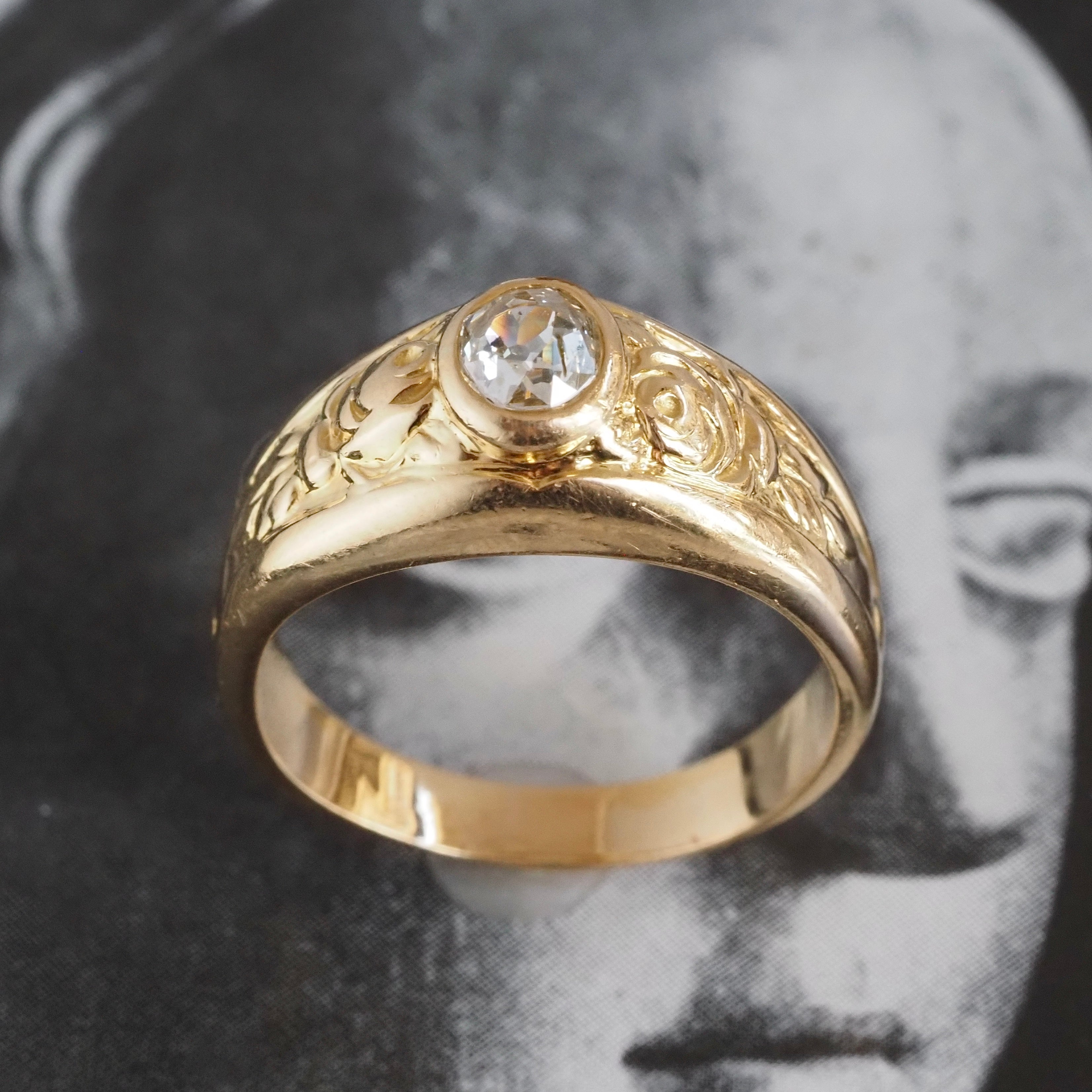 Vintage Bezel Set Old Mine Cut Diamond 18k Gold Dome Floral Engagement Ring