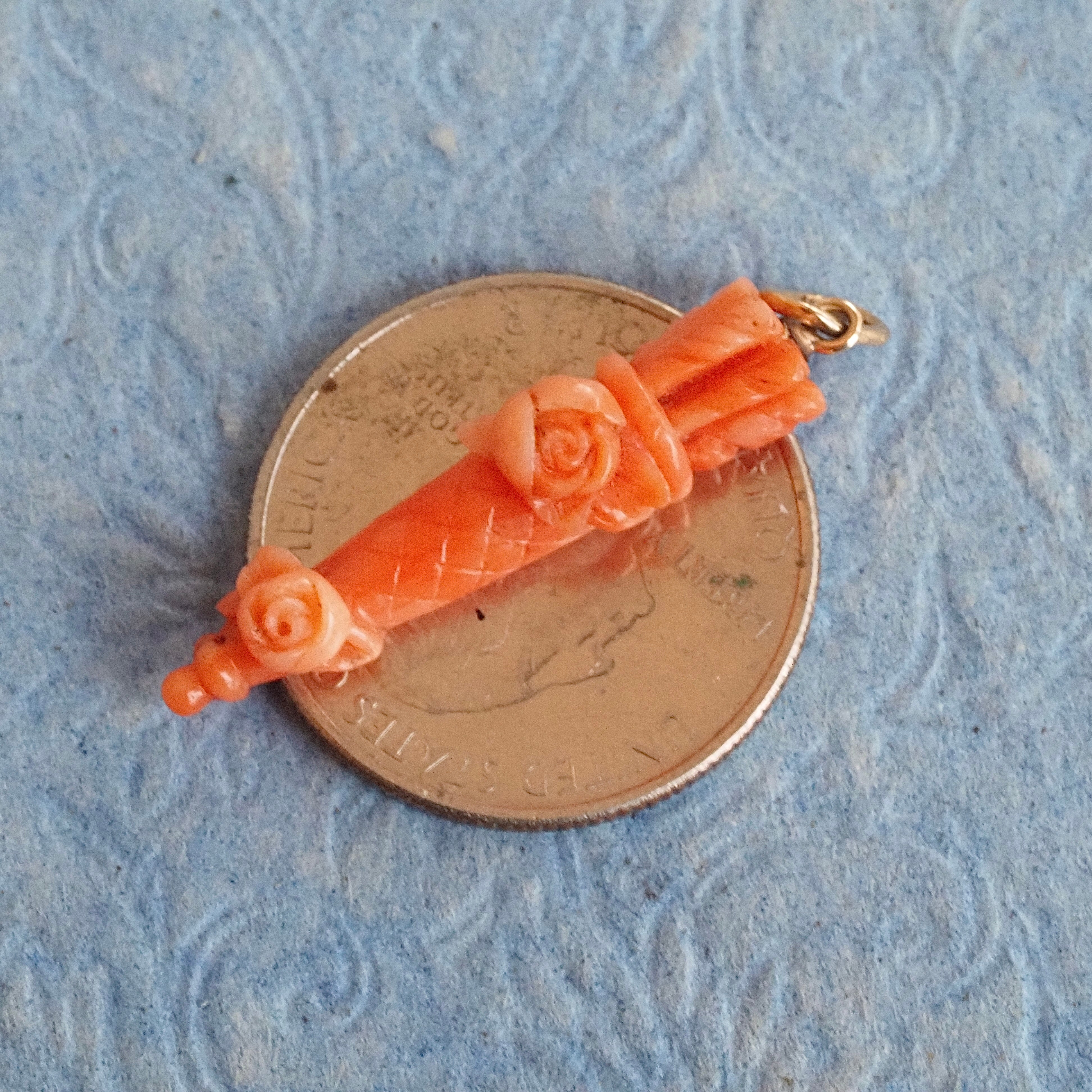 Antique Carved Coral Quiver 14k Gold Charm