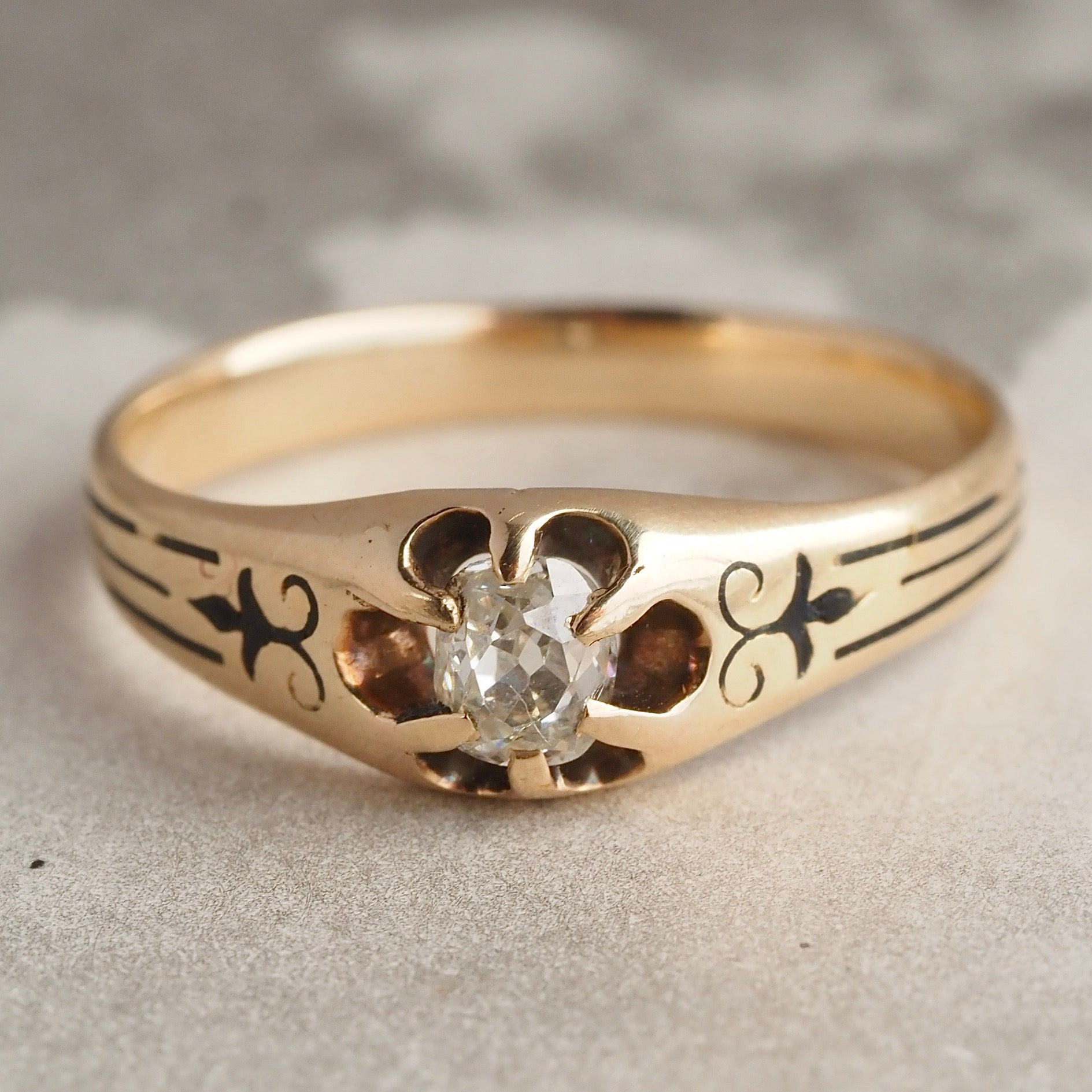 Antique Victorian Cushion Old Mine Cut Diamond Enamel 10k Gold Belcher Engagement Ring