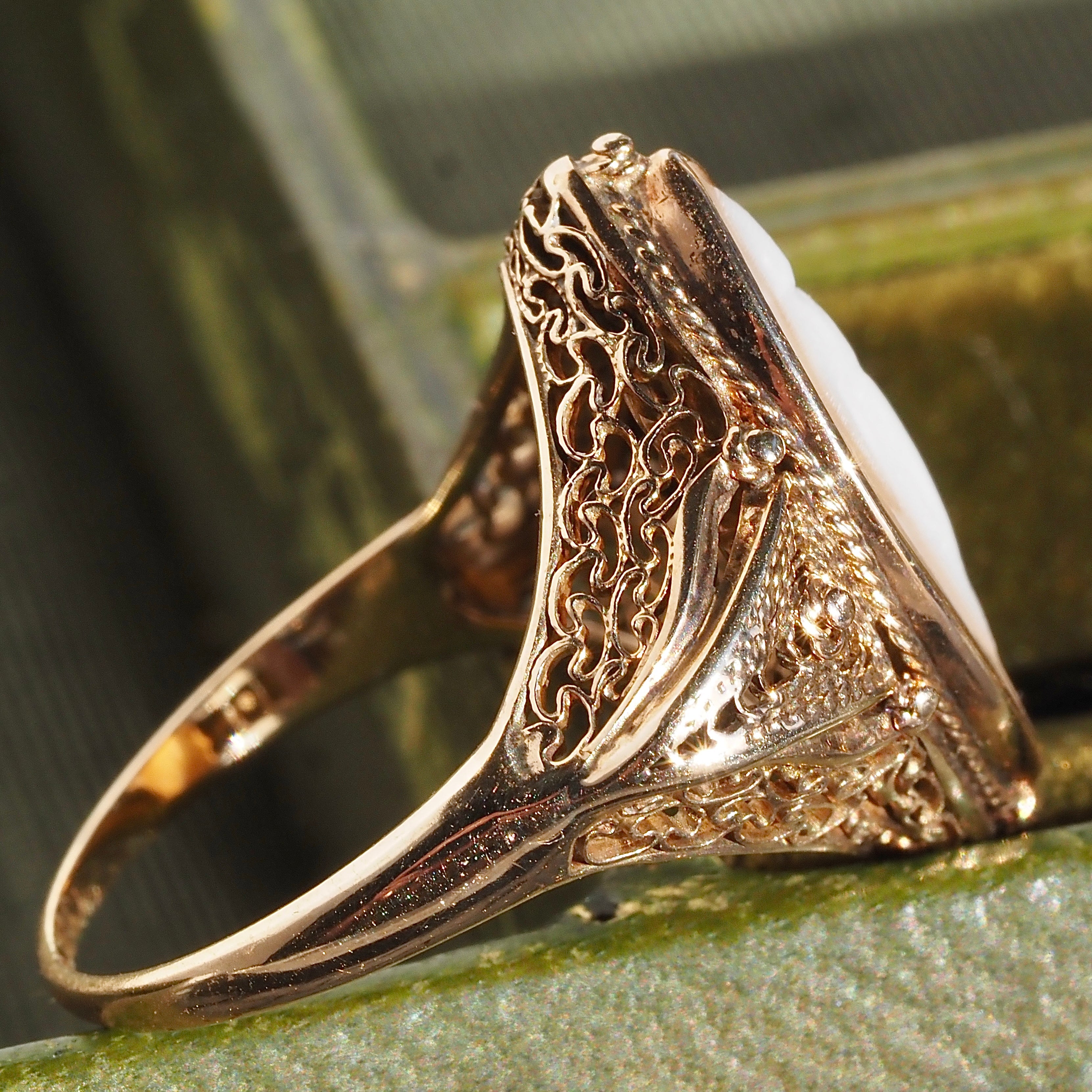 Antique Victorian Coral "Woman of the Mist" Cameo 10k Ring