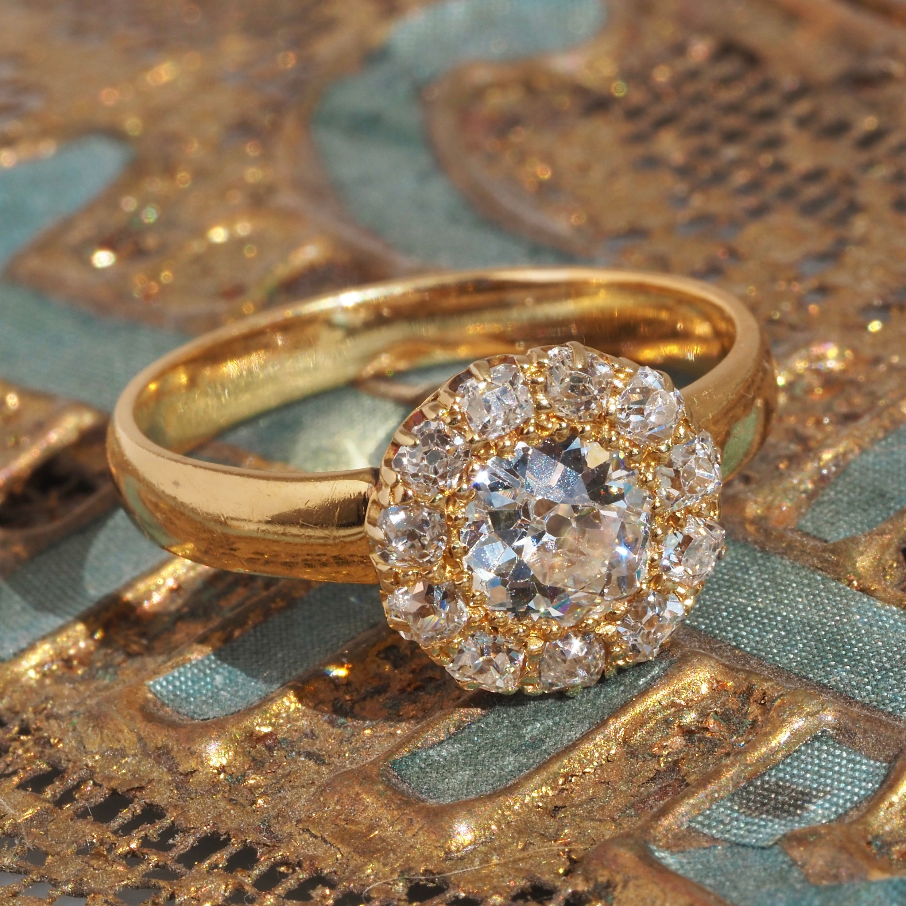 Antique Victorian Old Mine Cut Diamond Cluster 18k and 22k Gold Engagement Ring