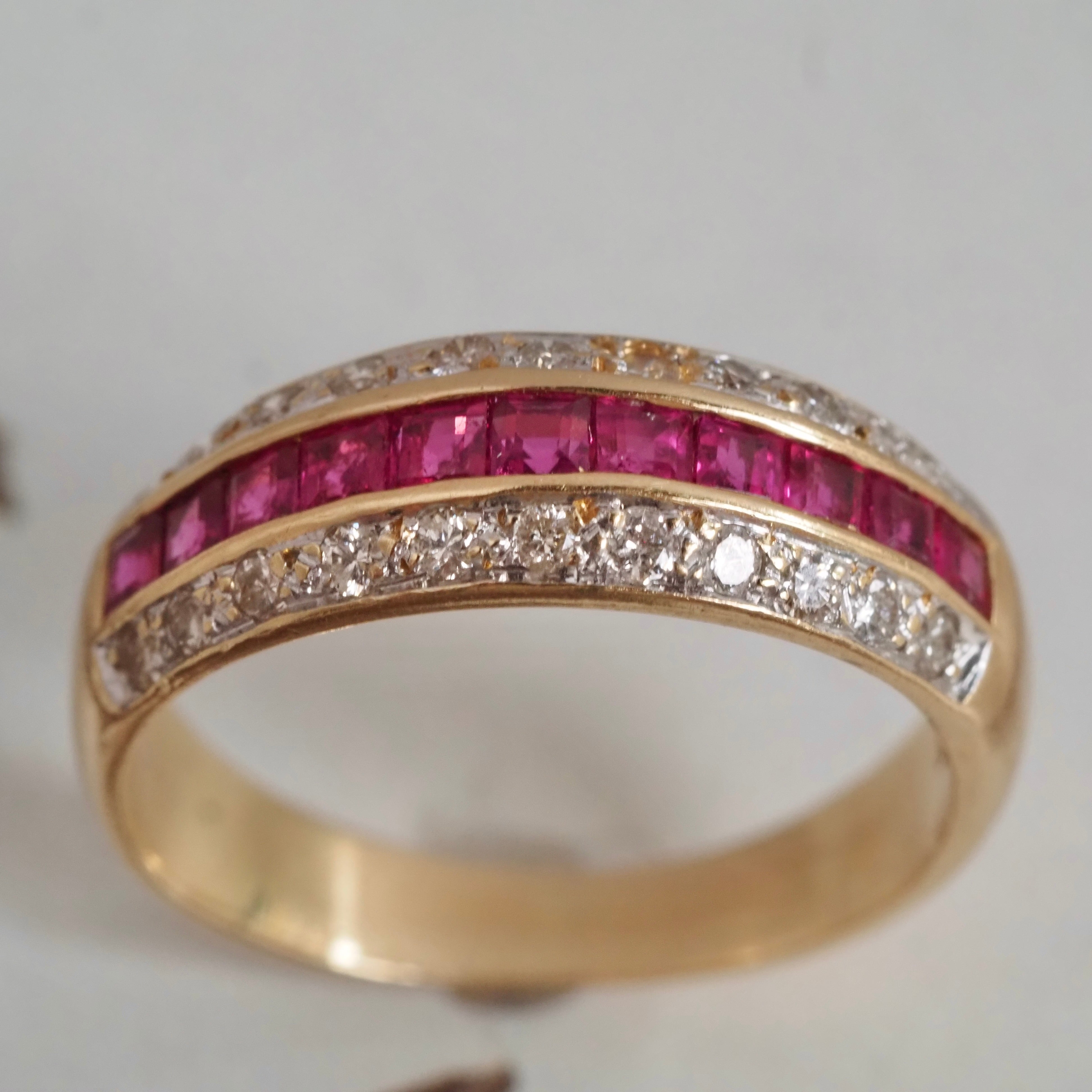 Vintage Channel Set Natural Princess Cut Ruby and Diamond 14k Gold Ring