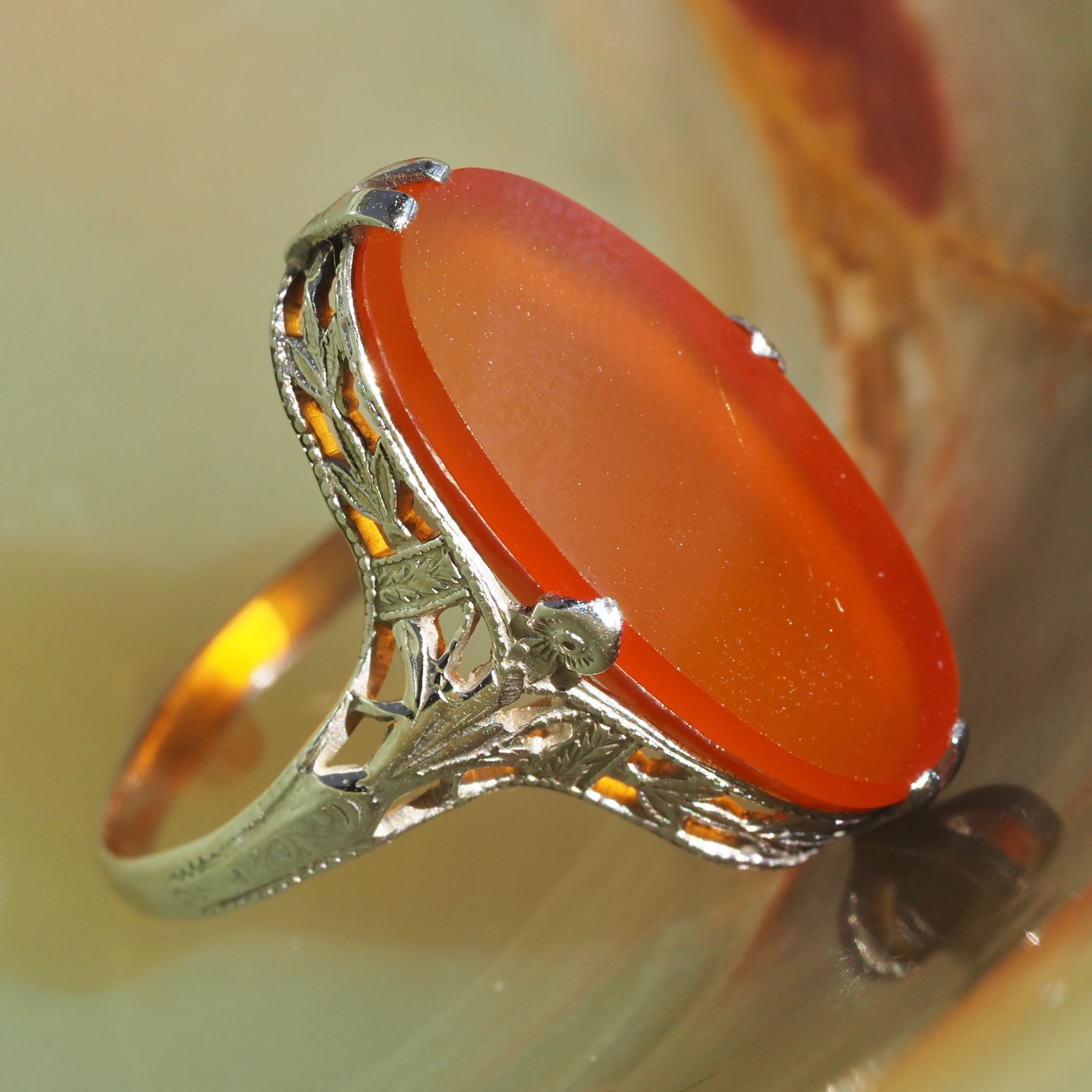 Antique Art Deco 14k White Gold Filigree Carnelian Ring