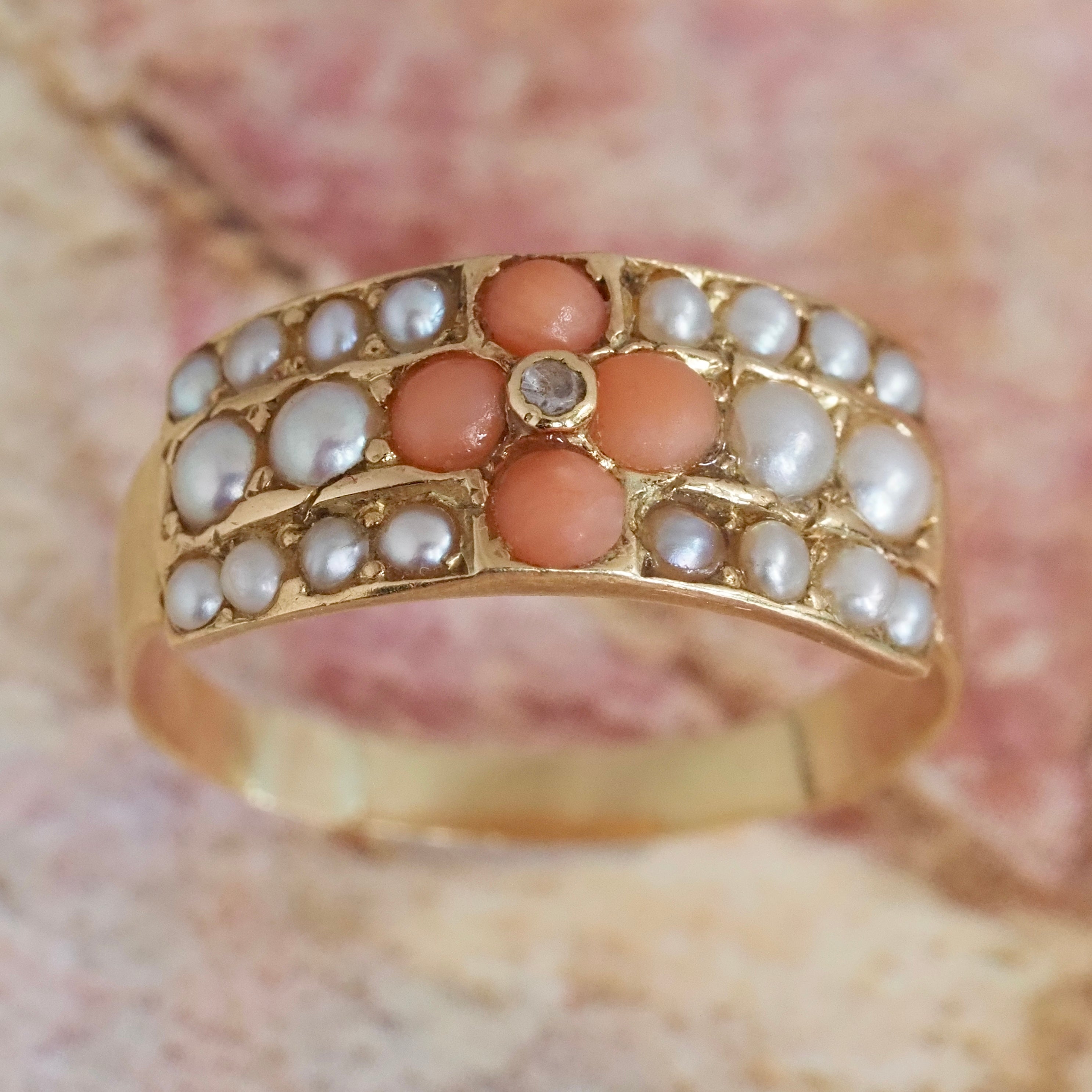 Antique c. 1881 English Coral Seed Pearl Rose Cut Diamond 18k Gold Ring