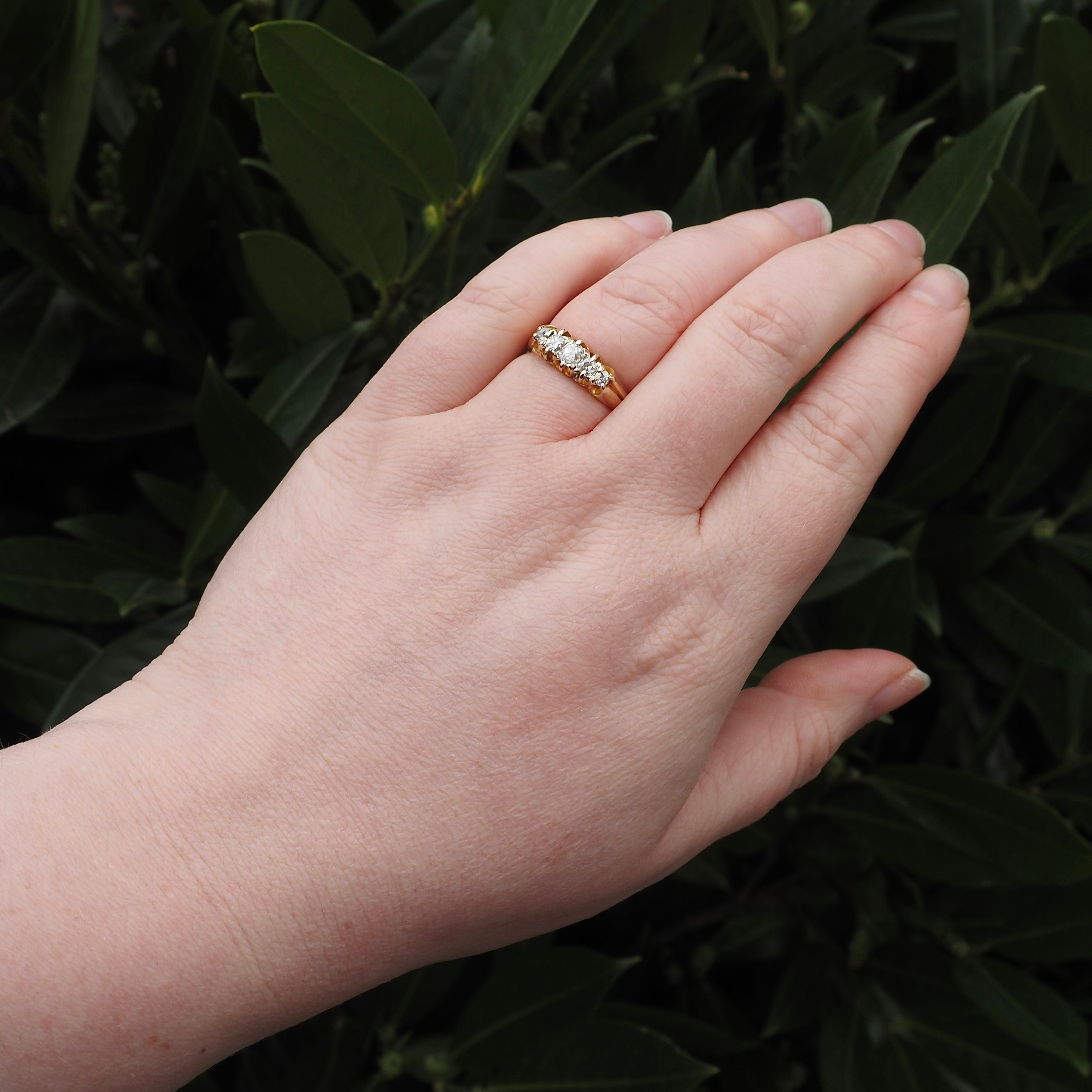 Antique c. 1890s Five Stone Cushion Old Mine Cut Diamond 14k Gold Engagement Ring