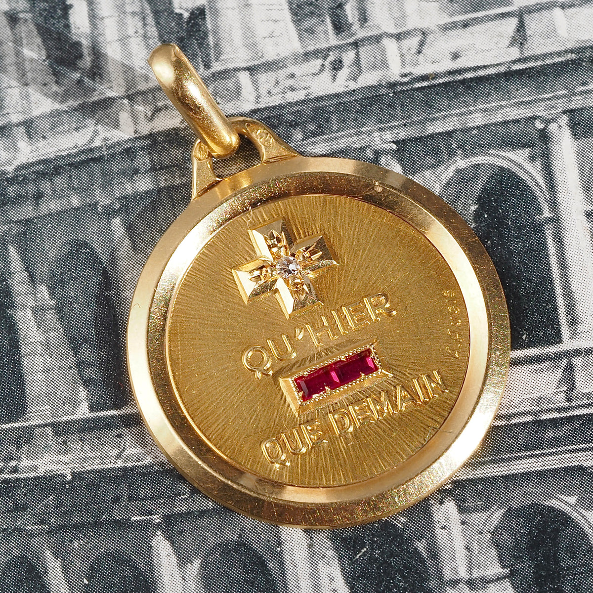 Vintage French Augis "More Than Yesterday, Less than Tomorrow" Ruby Diamond 18k Gold Pendant