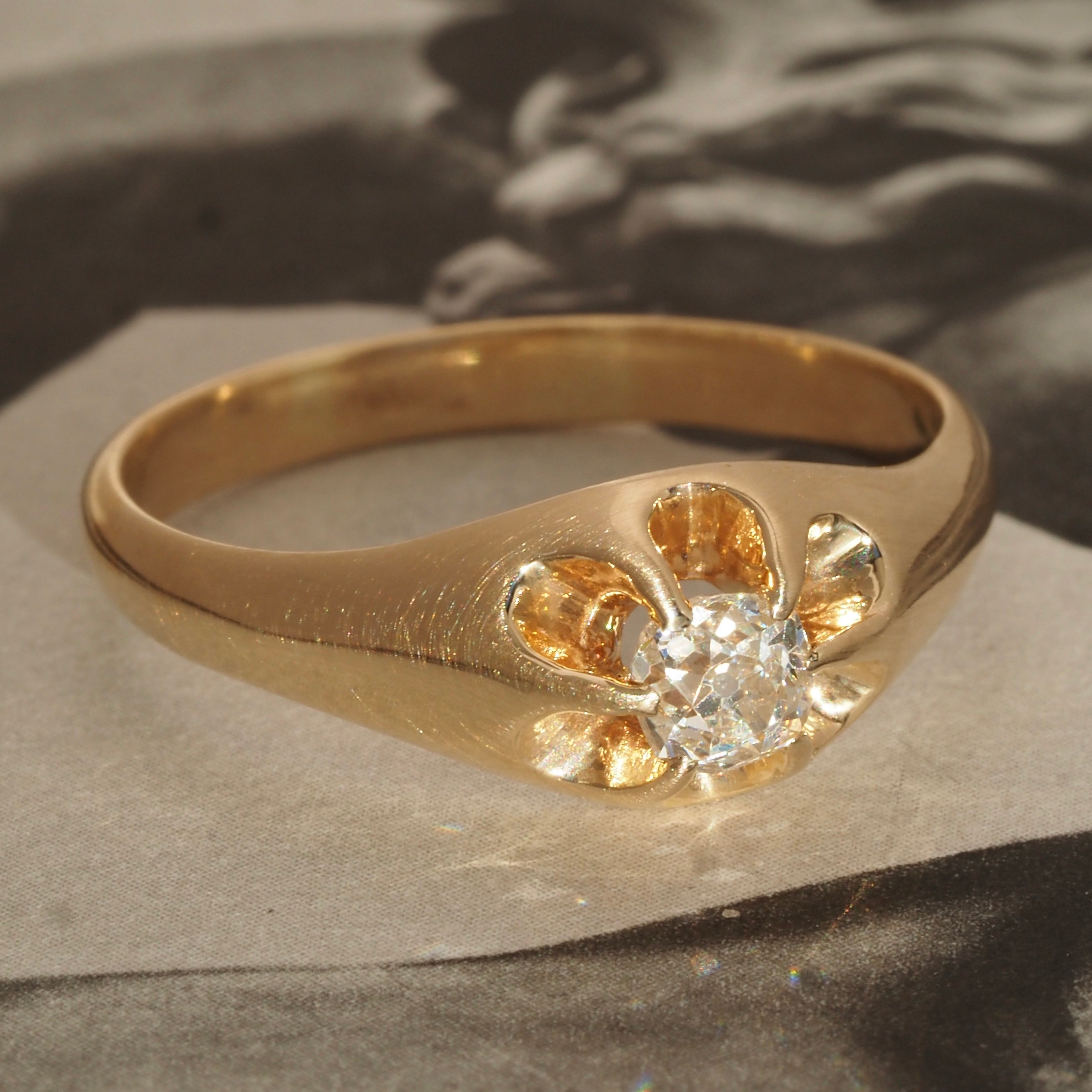 Antique Old Mine Cut Diamond Flush Set Belcher 14k Gold Engagement Ring