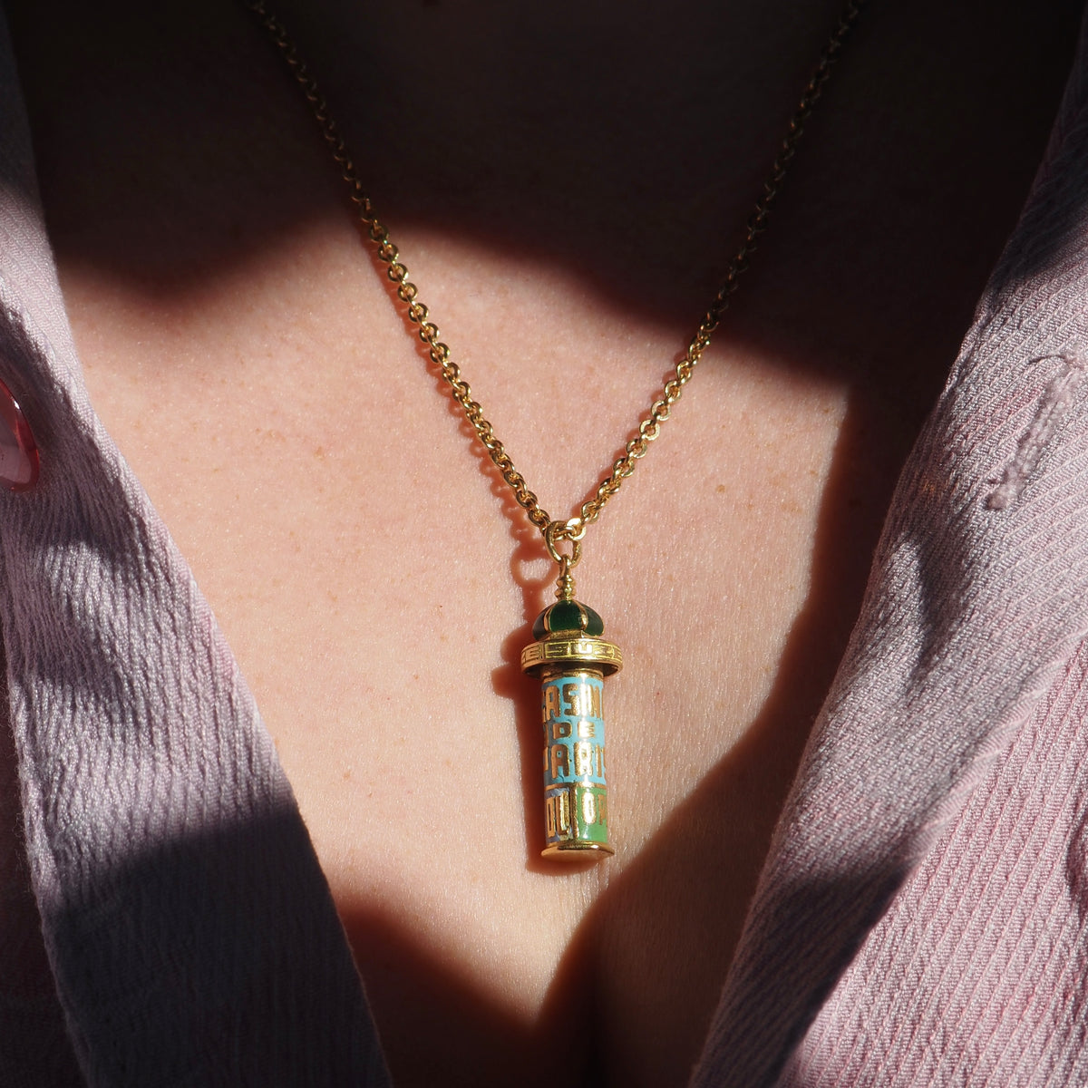 Vintage French Kiosque with Enamel Theater Posters 18k Gold Collectable Pendant