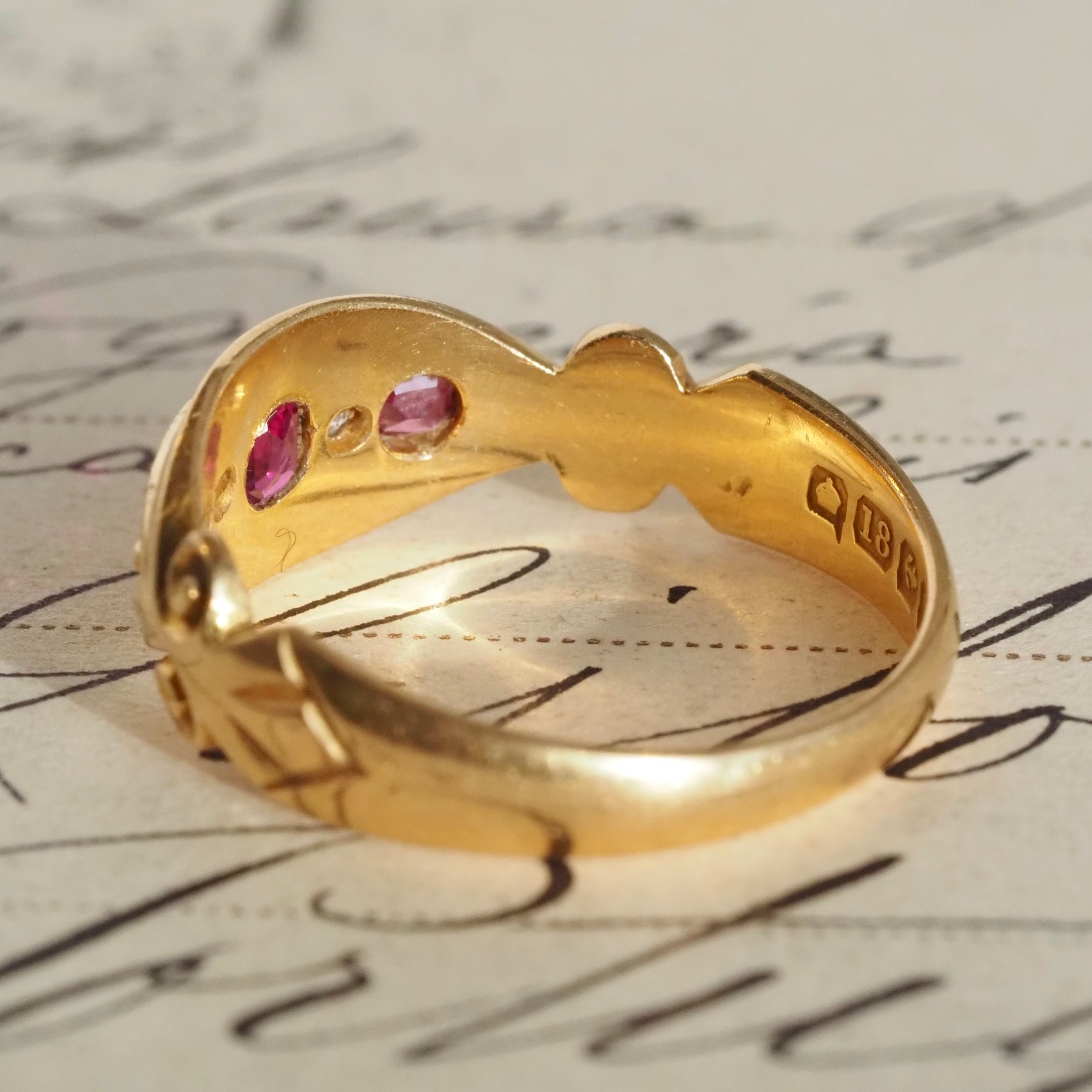 Antique c. 1906 English Ruby Garnet & Diamond 18k Gold Ring