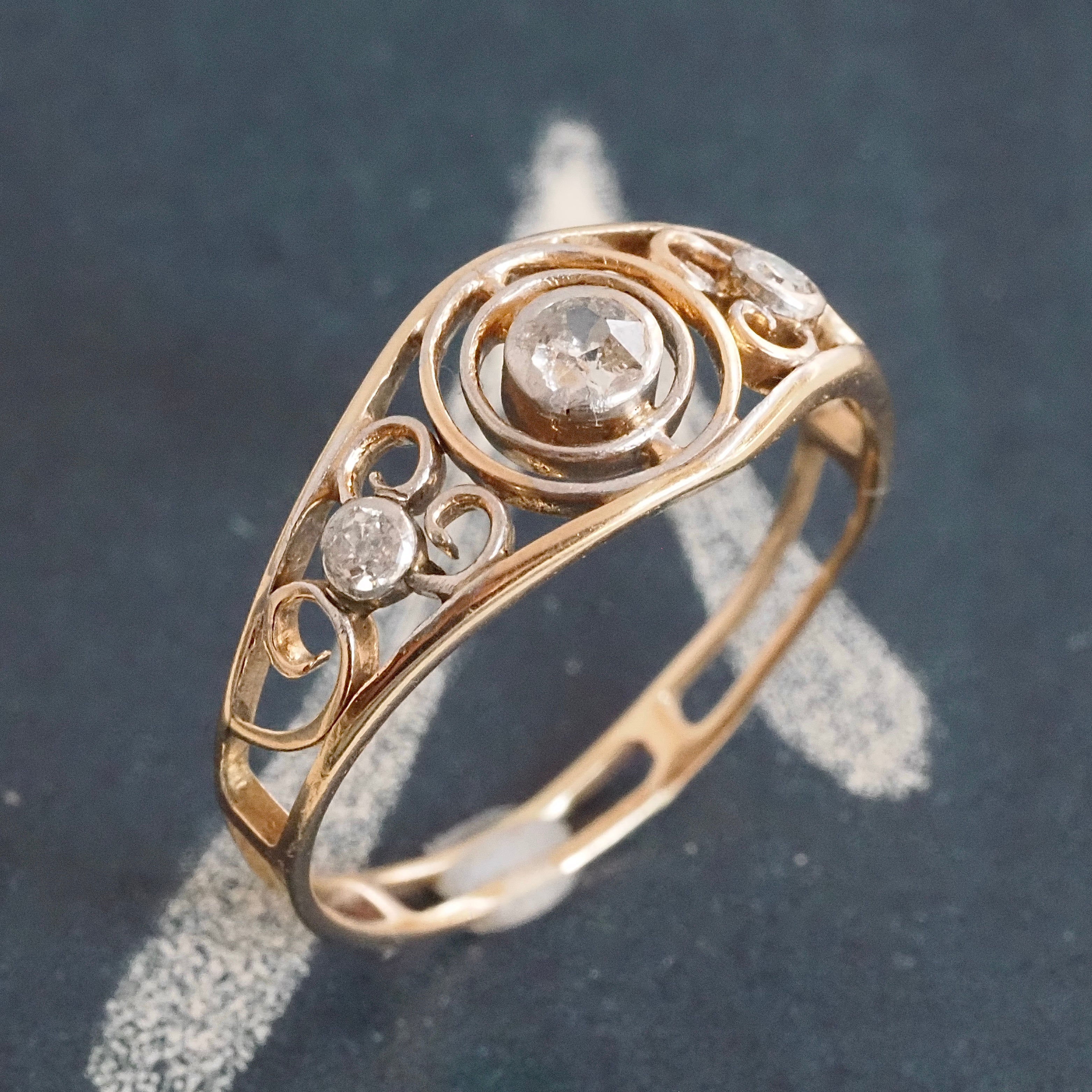 Antique Art Nouveau 14k Gold Diamond Scroll Ring