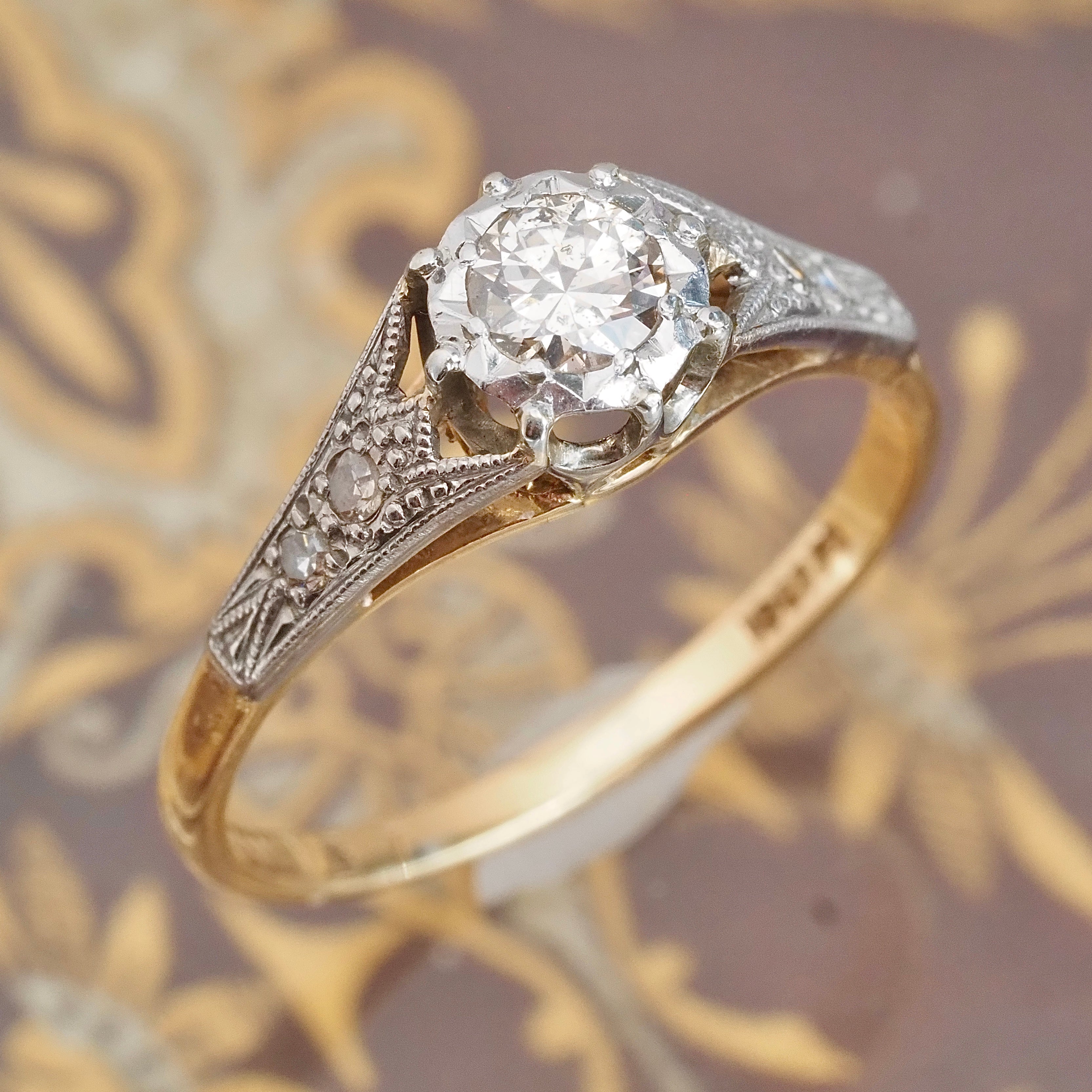 Antique Edwardian 18k White and Yellow Gold Transitional Cut Diamond Solitaire Engagement Ring