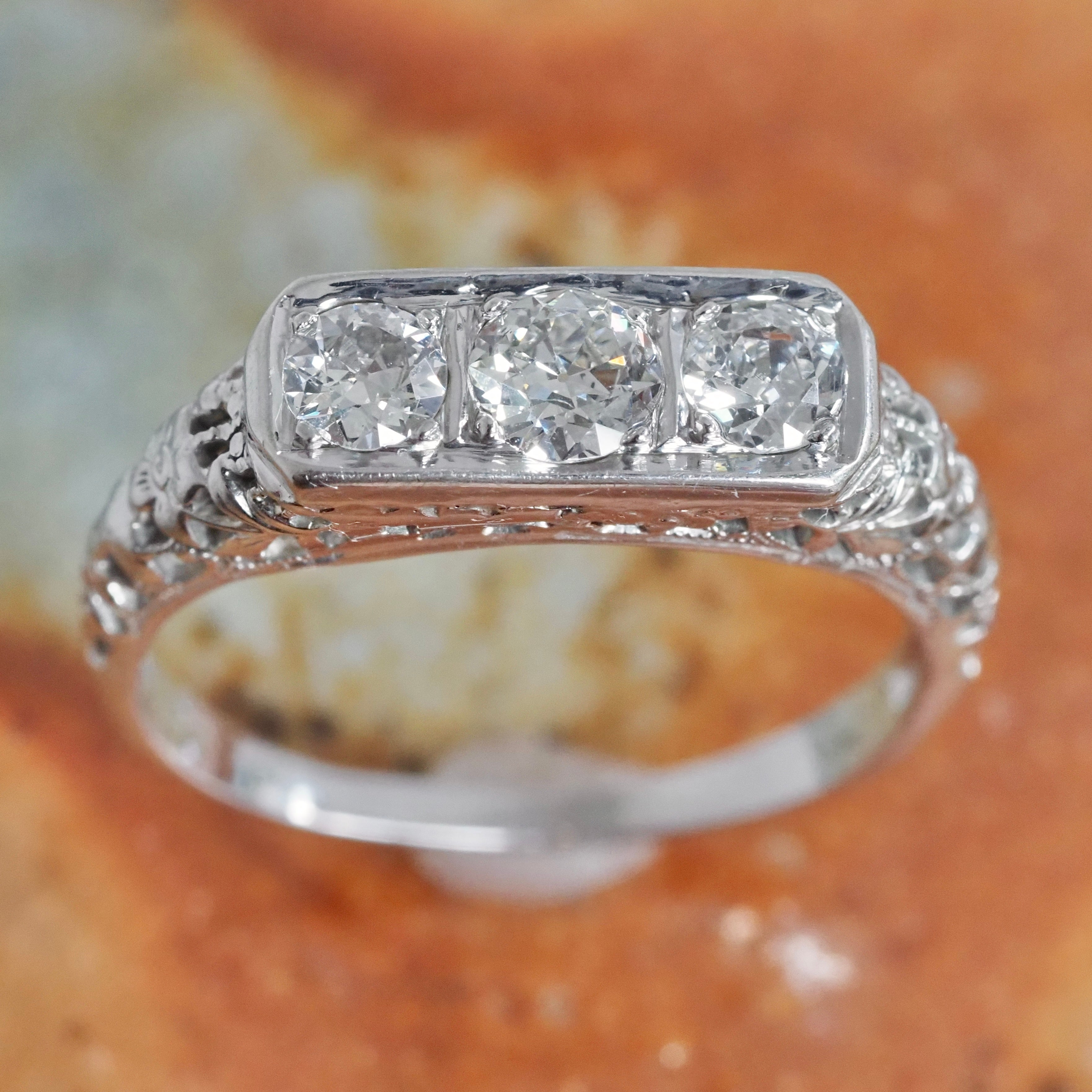 Art Deco 18k White Gold Old European Cut Diamond Trilogy Ring