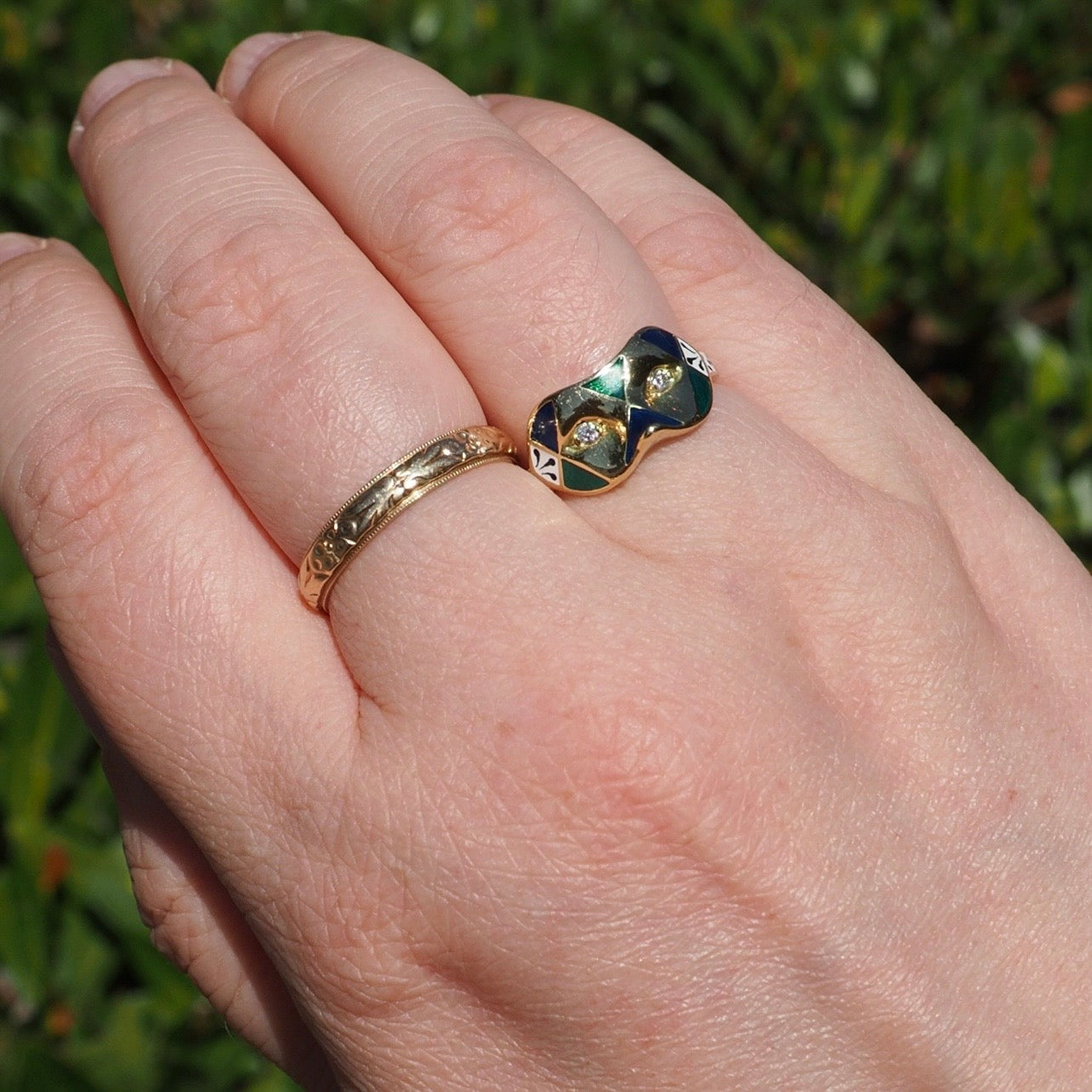 English Painted Mask Diamond and Enamel 18k Gold Ring