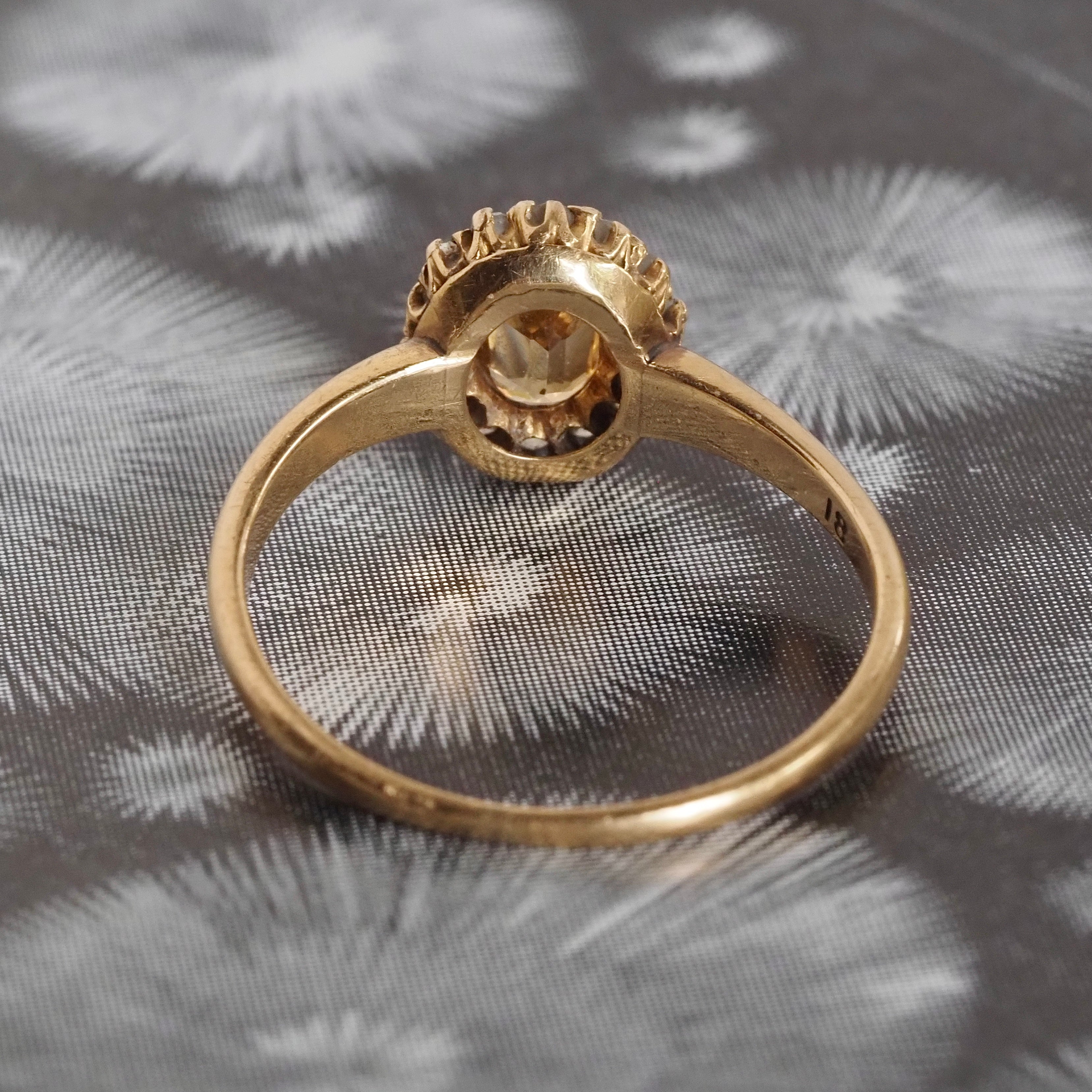 Antique Yellow Topaz and Diamond Halo 18k Gold Ring