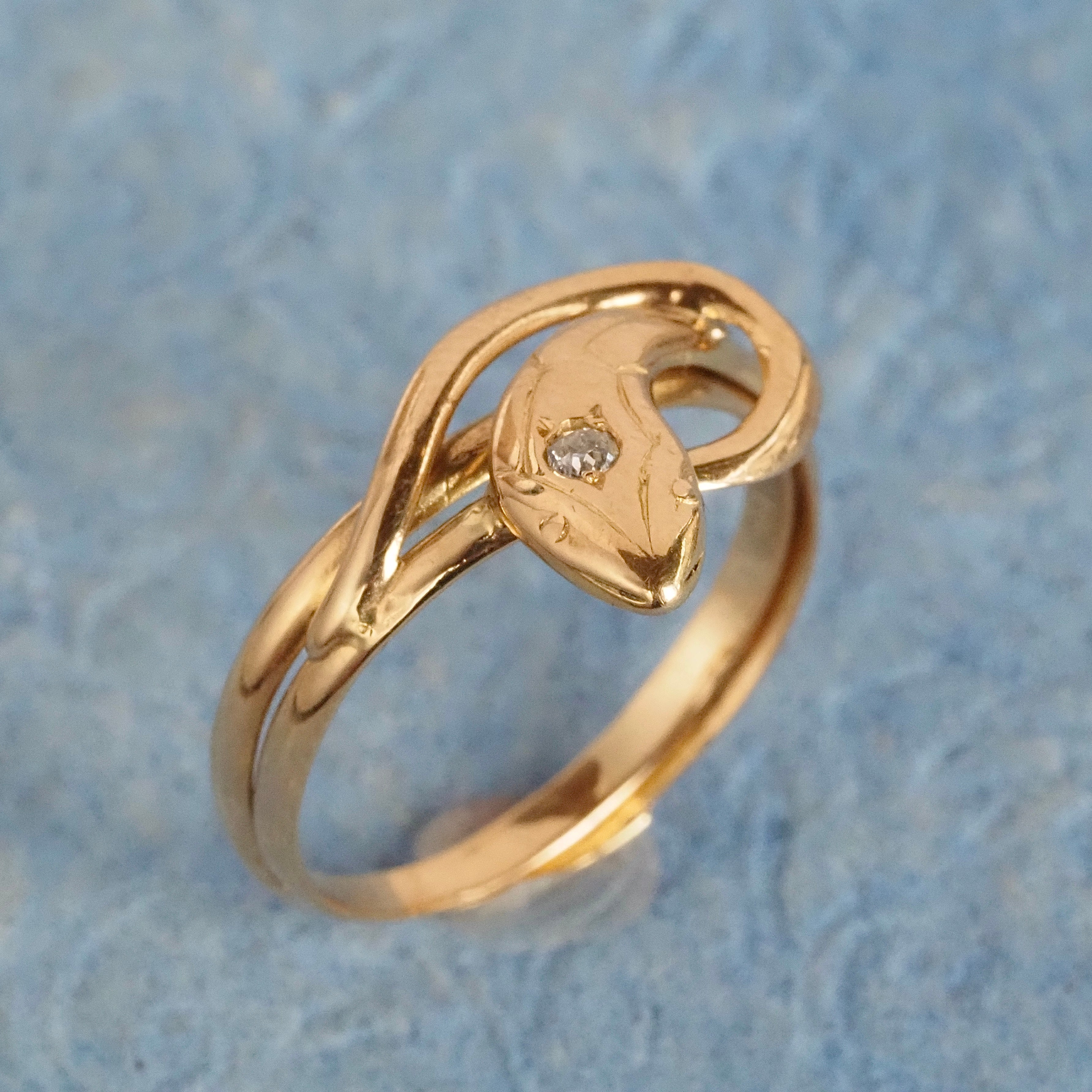 Mid-Century French Snake Old European Cut Diamond 18k Gold Ring