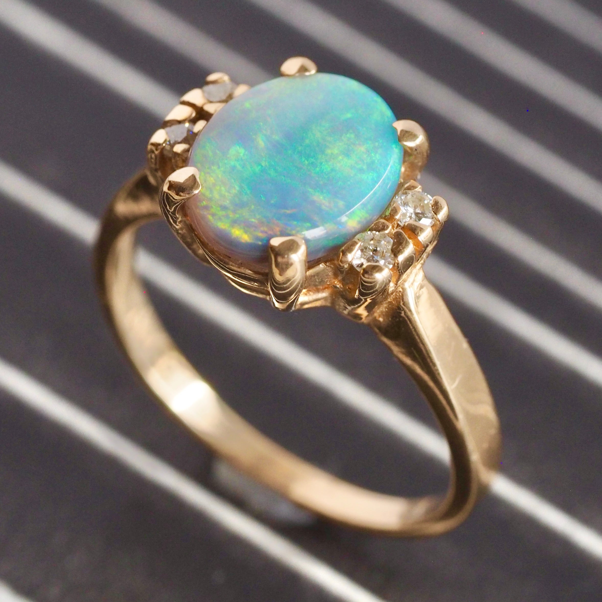 Vintage 14k Gold Black Opal and Diamond Ring