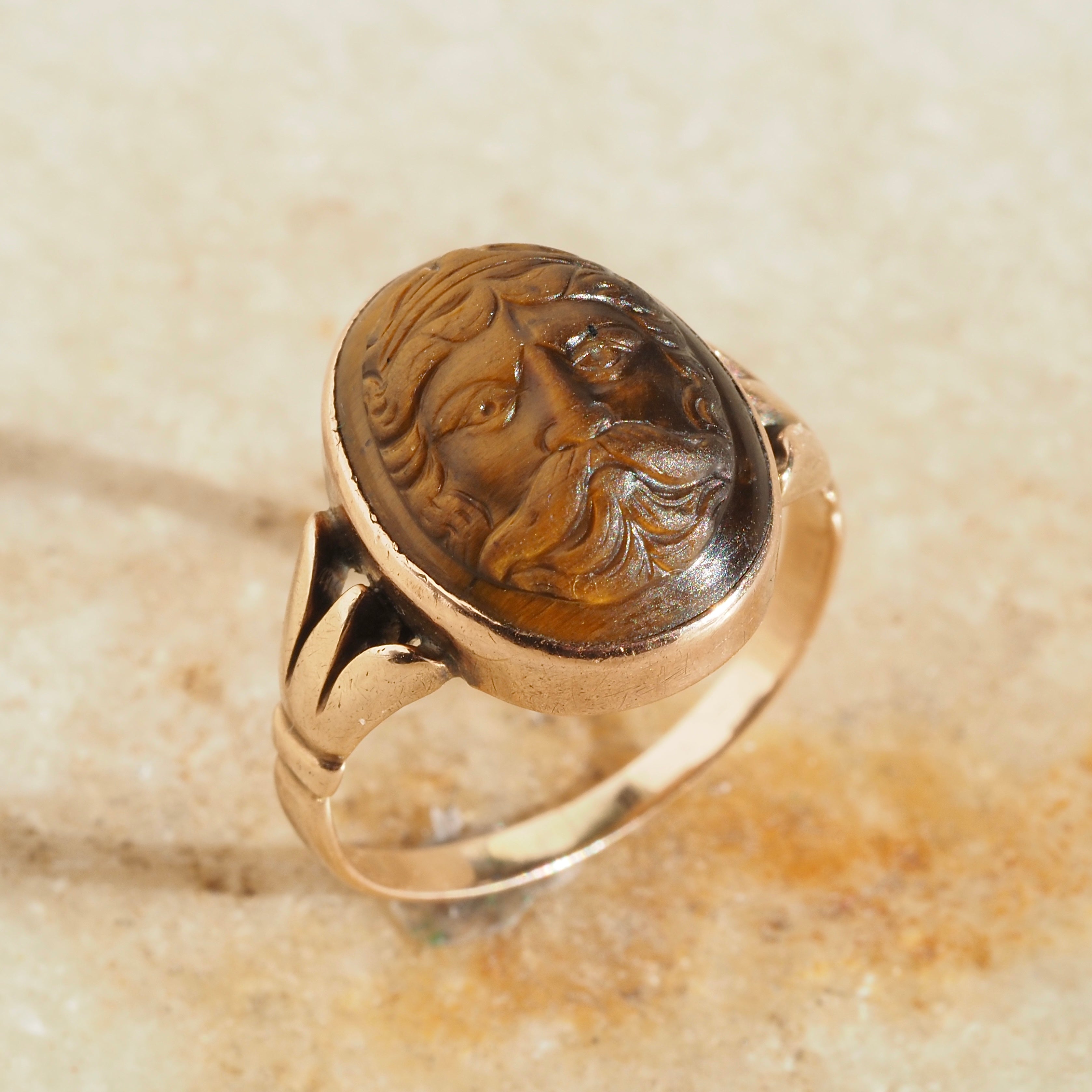 Antique Victorian Carved Zeus Tiger's Eye 10k Gold Ring