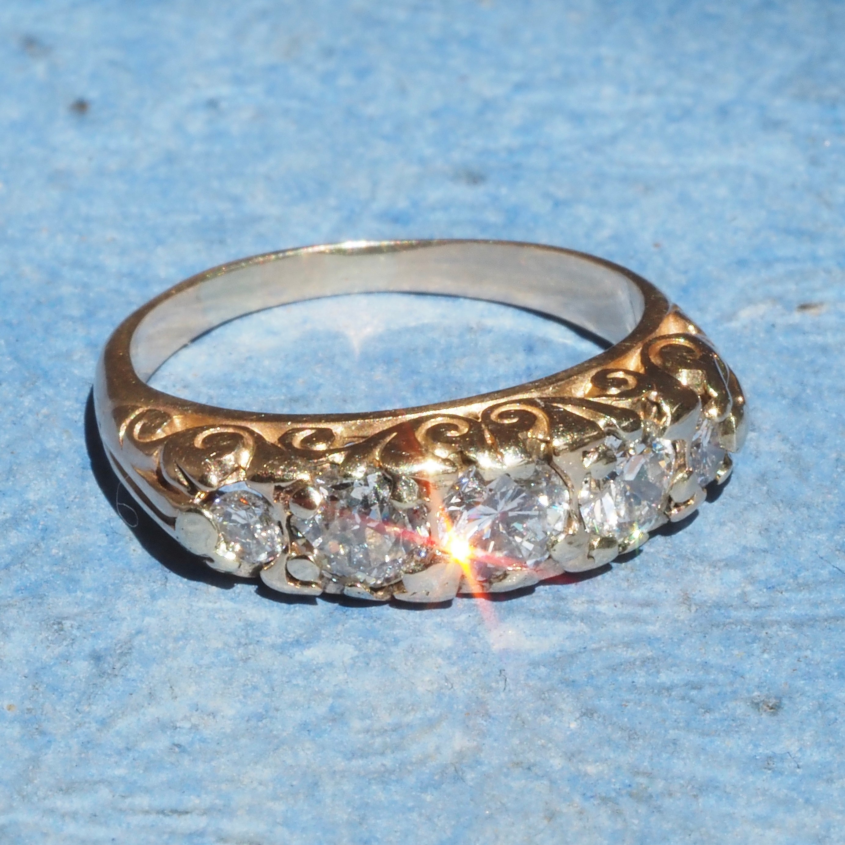 Antique Five Stone Diamond 14k Gold Half Hoop Ring