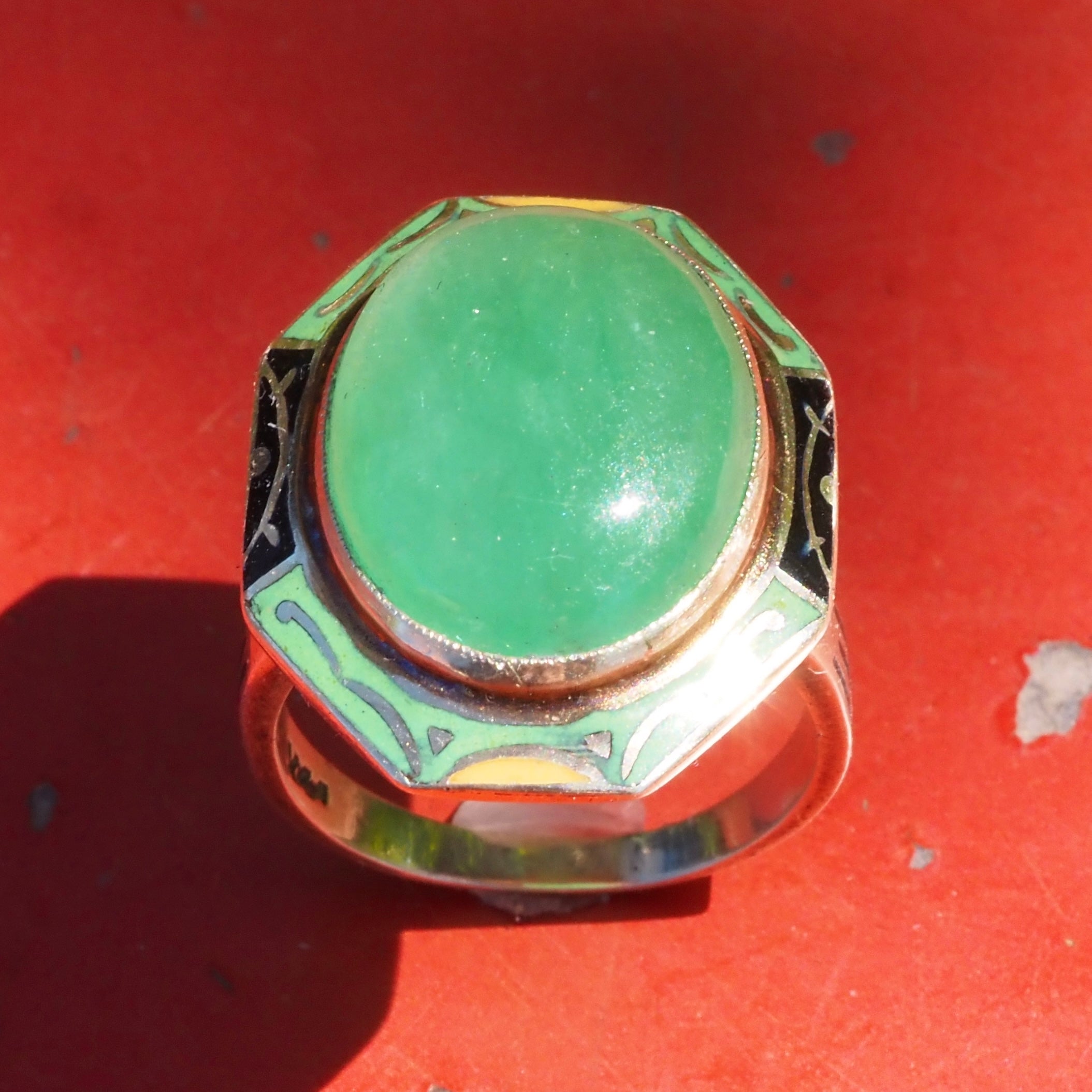 Antique Art Deco Jade and Enamel 14k Gold Ring