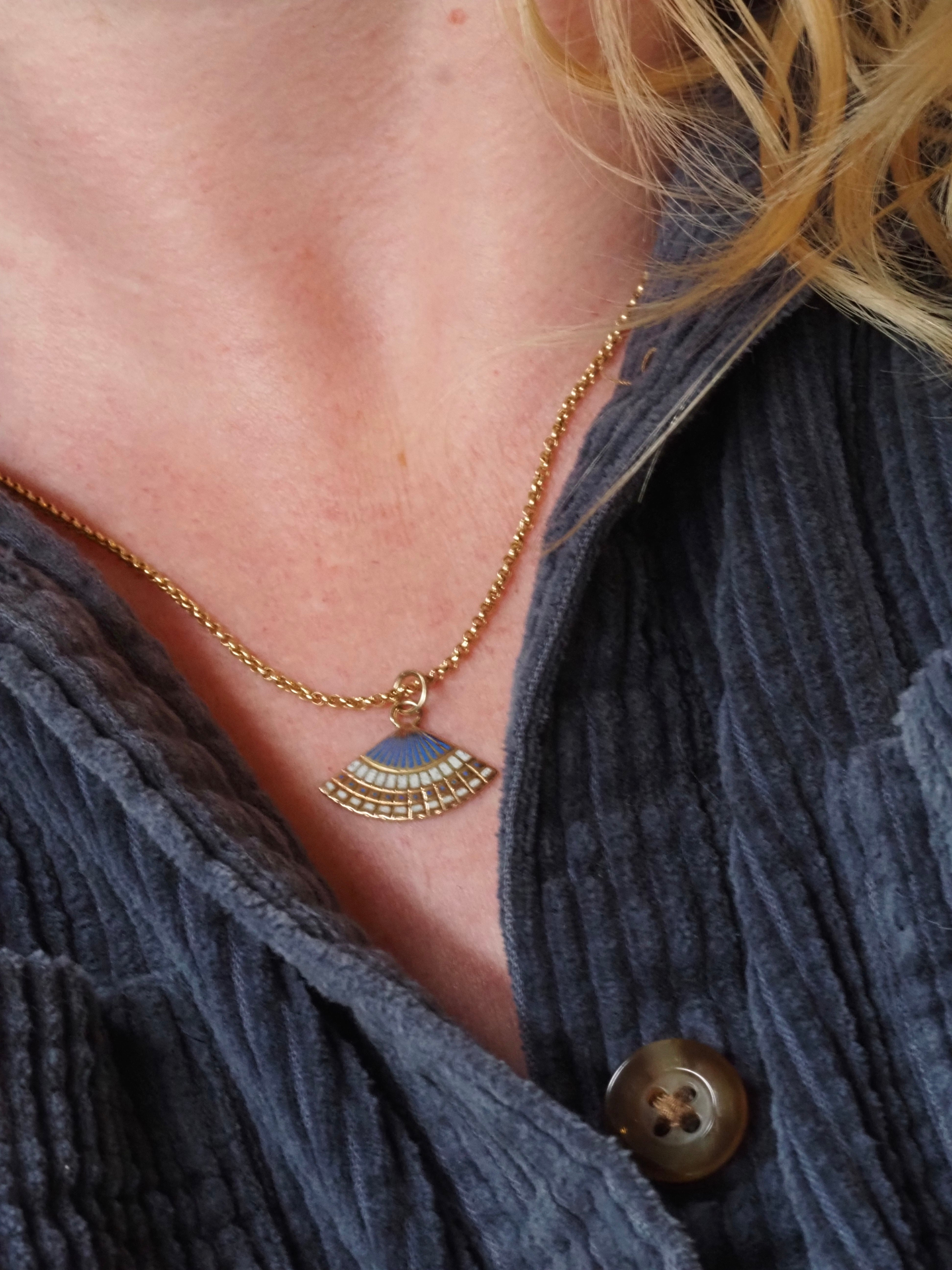 Vintage 14k Gold Blue & White Enamel Fan Charm