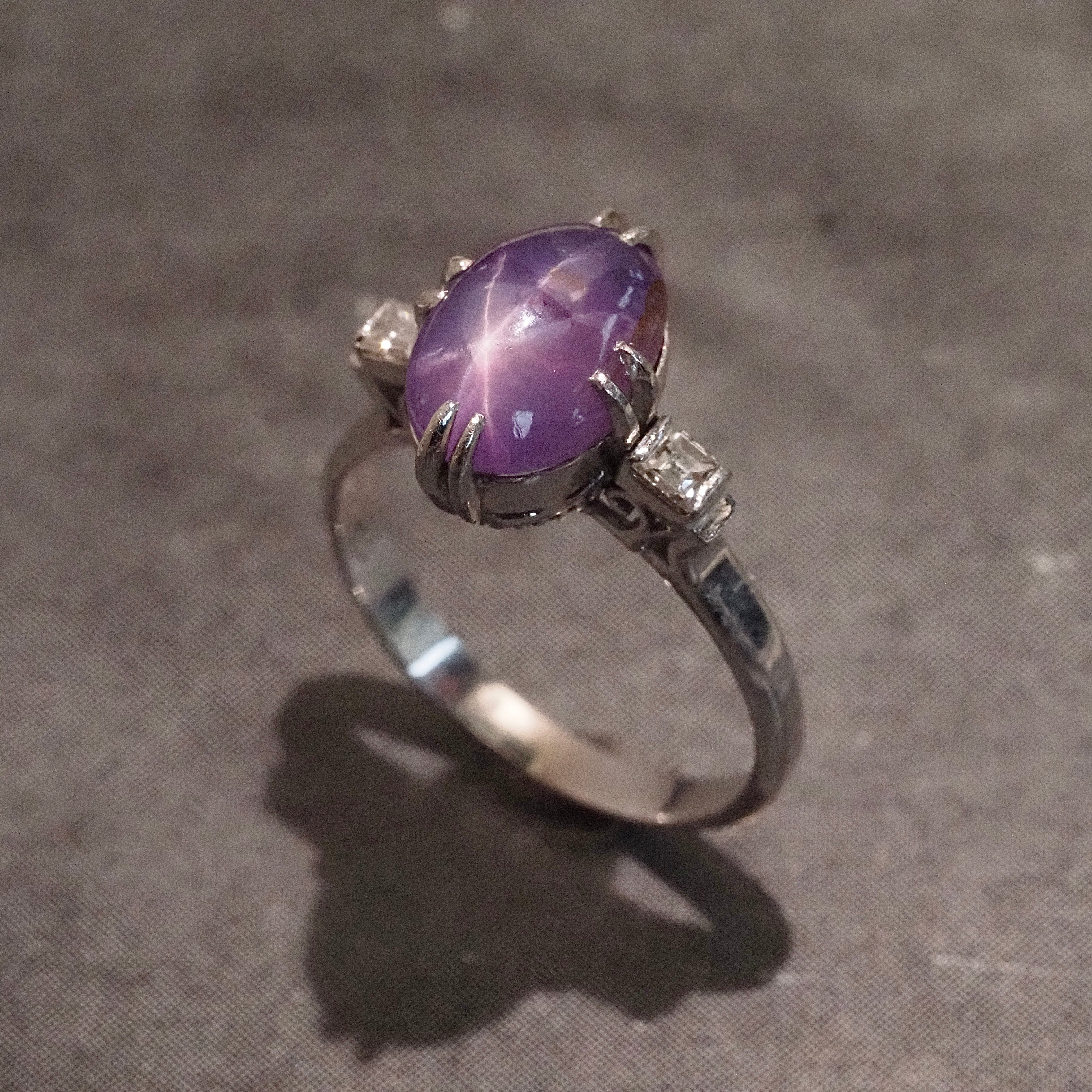 Antique Art Deco Purple Star Sapphire Diamond Platinum Ring