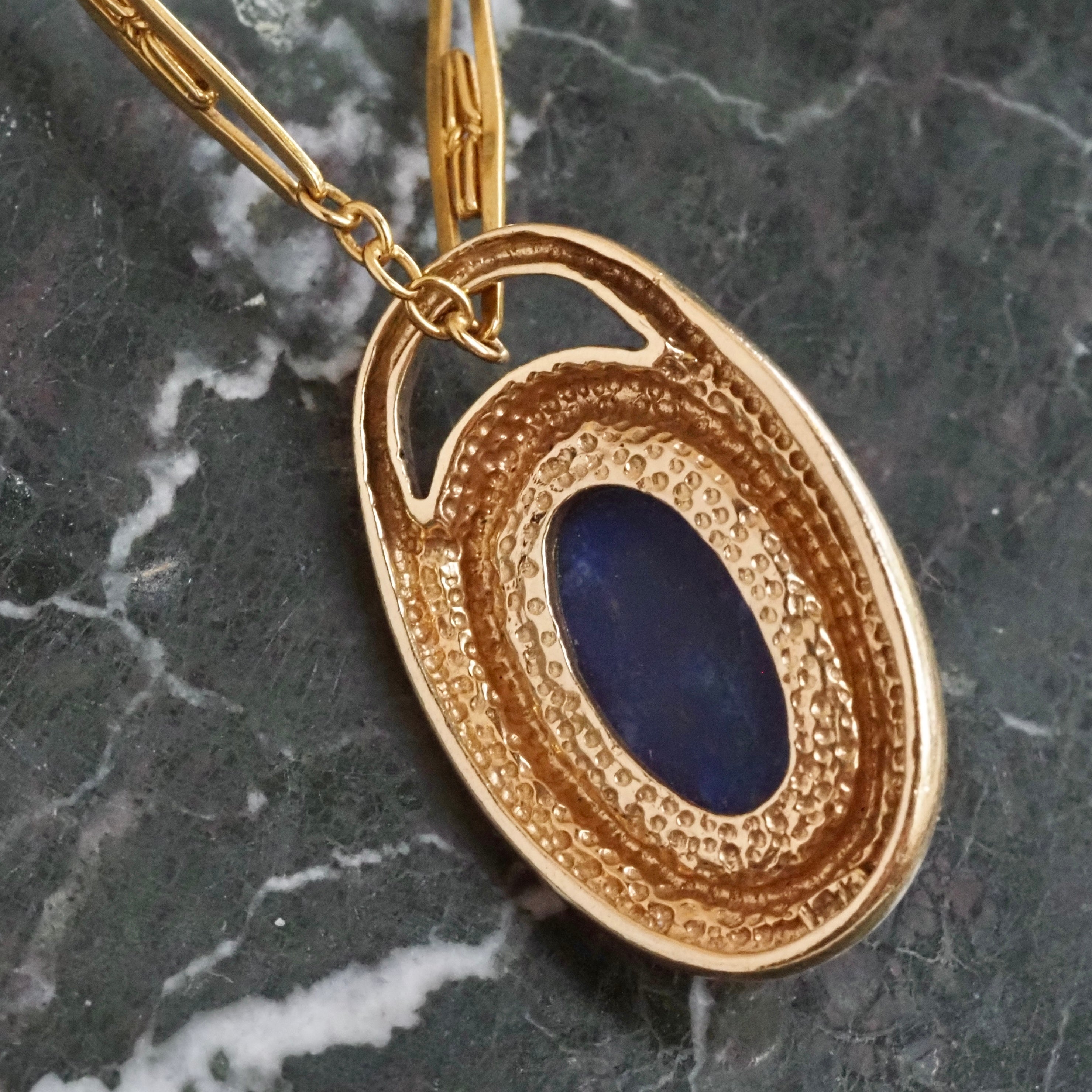 Vintage Carved Lapis Melon 14k Gold Pendant