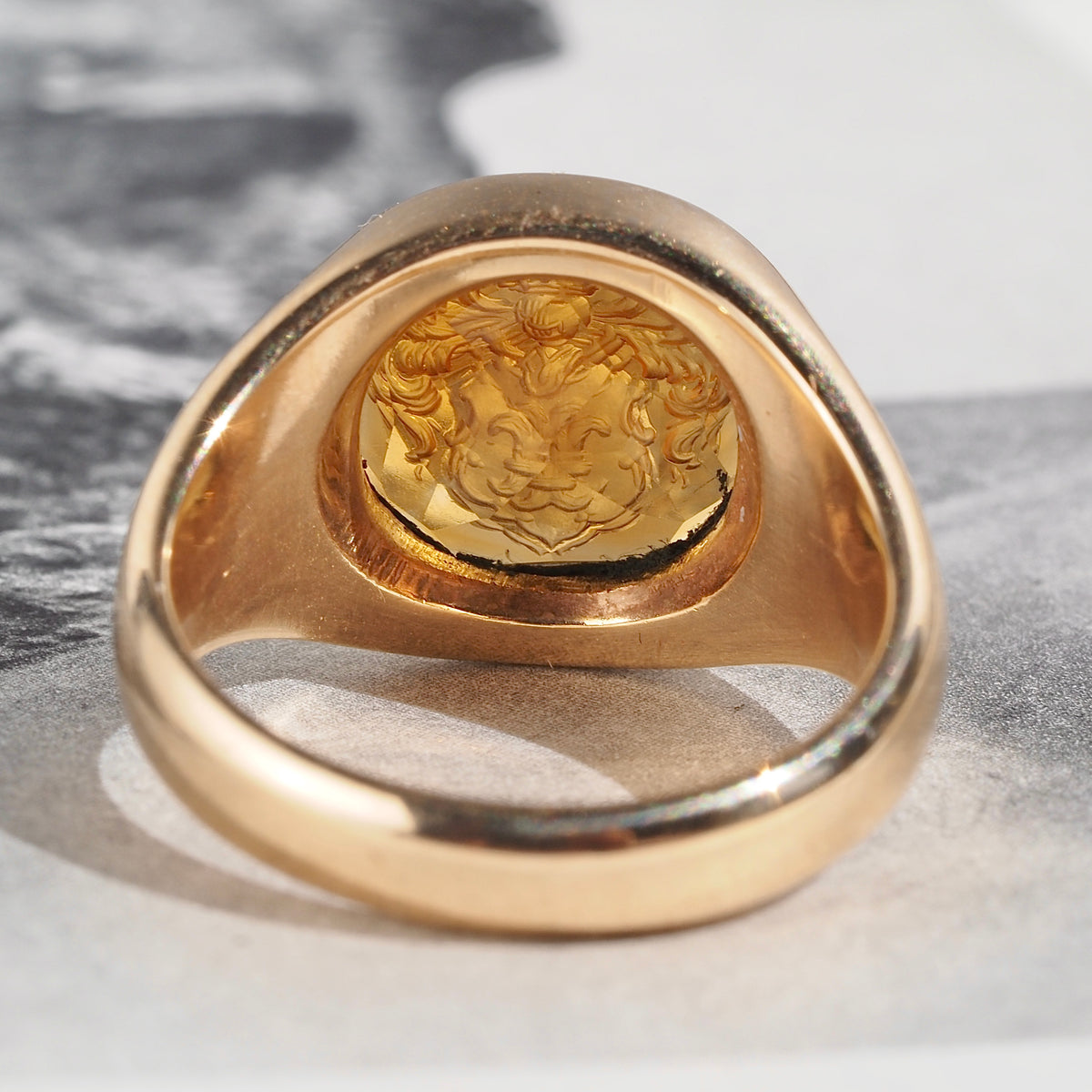 Vintage Citrine Crest Intaglio 14k Gold Signet Ring