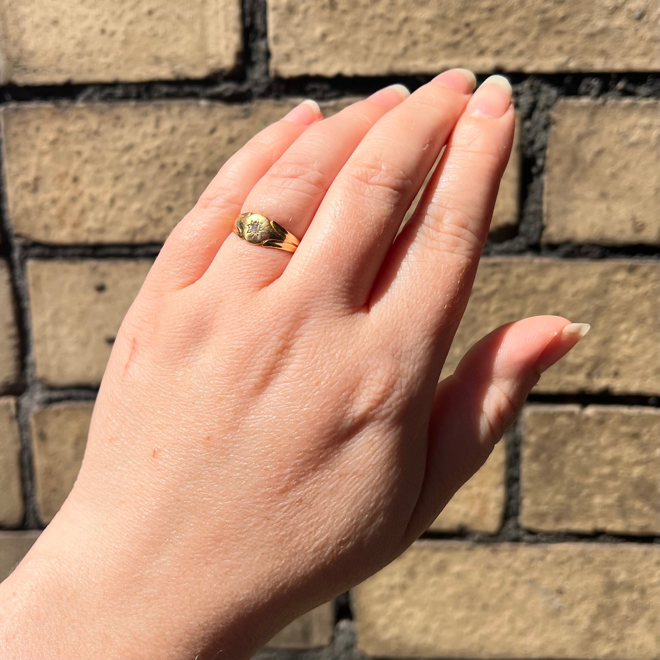 Antique c. 1897 English Old Mine Cut Diamond Starburst 18k Gold Signet Ring