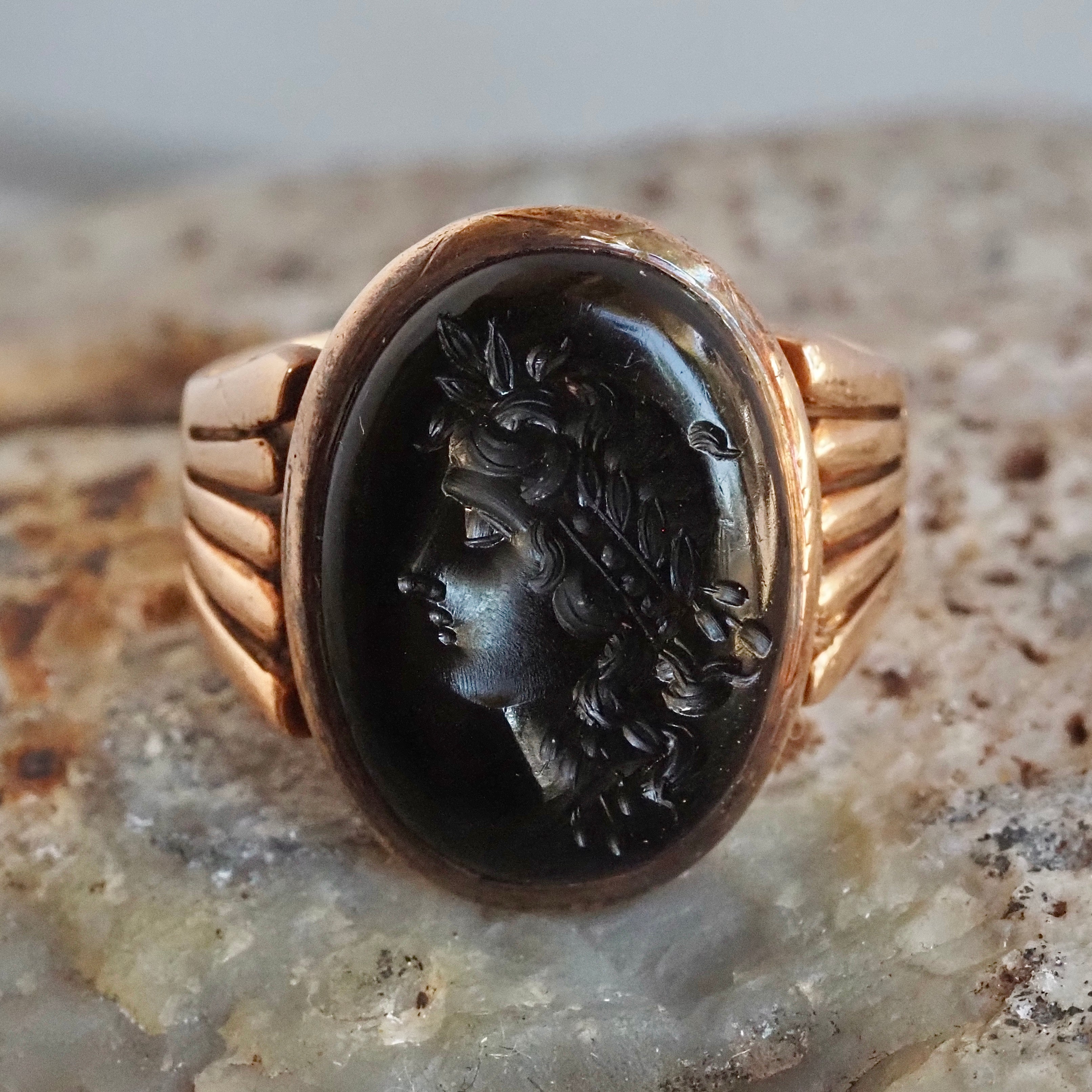 Antique Victorian 14k Rose Gold Artemis Intaglio Onyx Ring