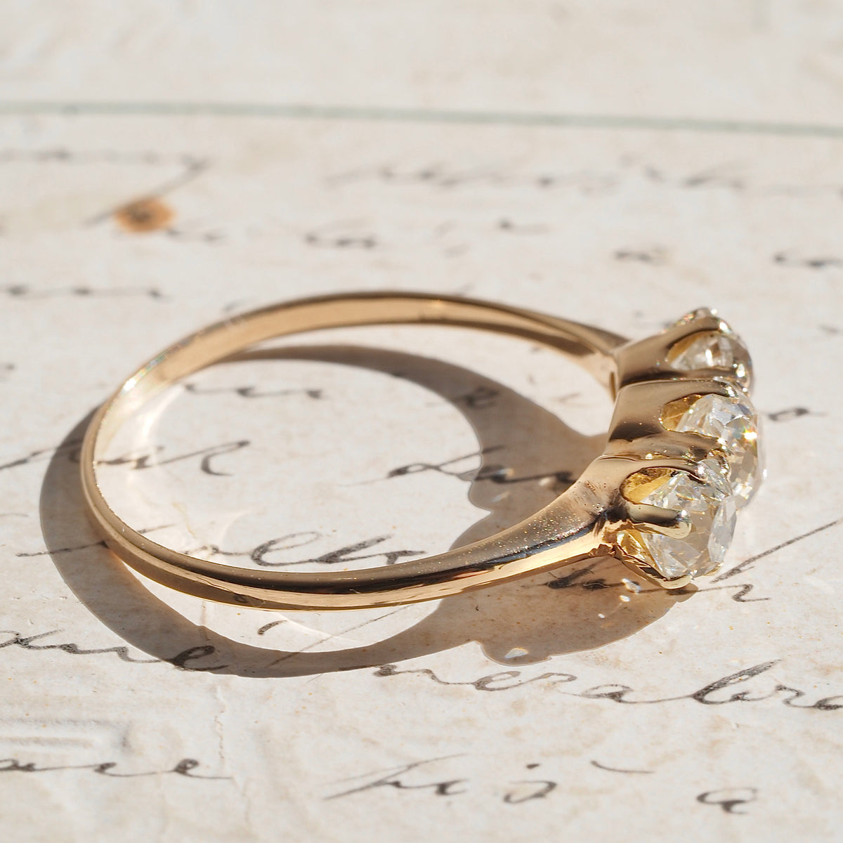 Antique Trilogy Old Mine Cut Diamond 14k Gold Engagement Ring