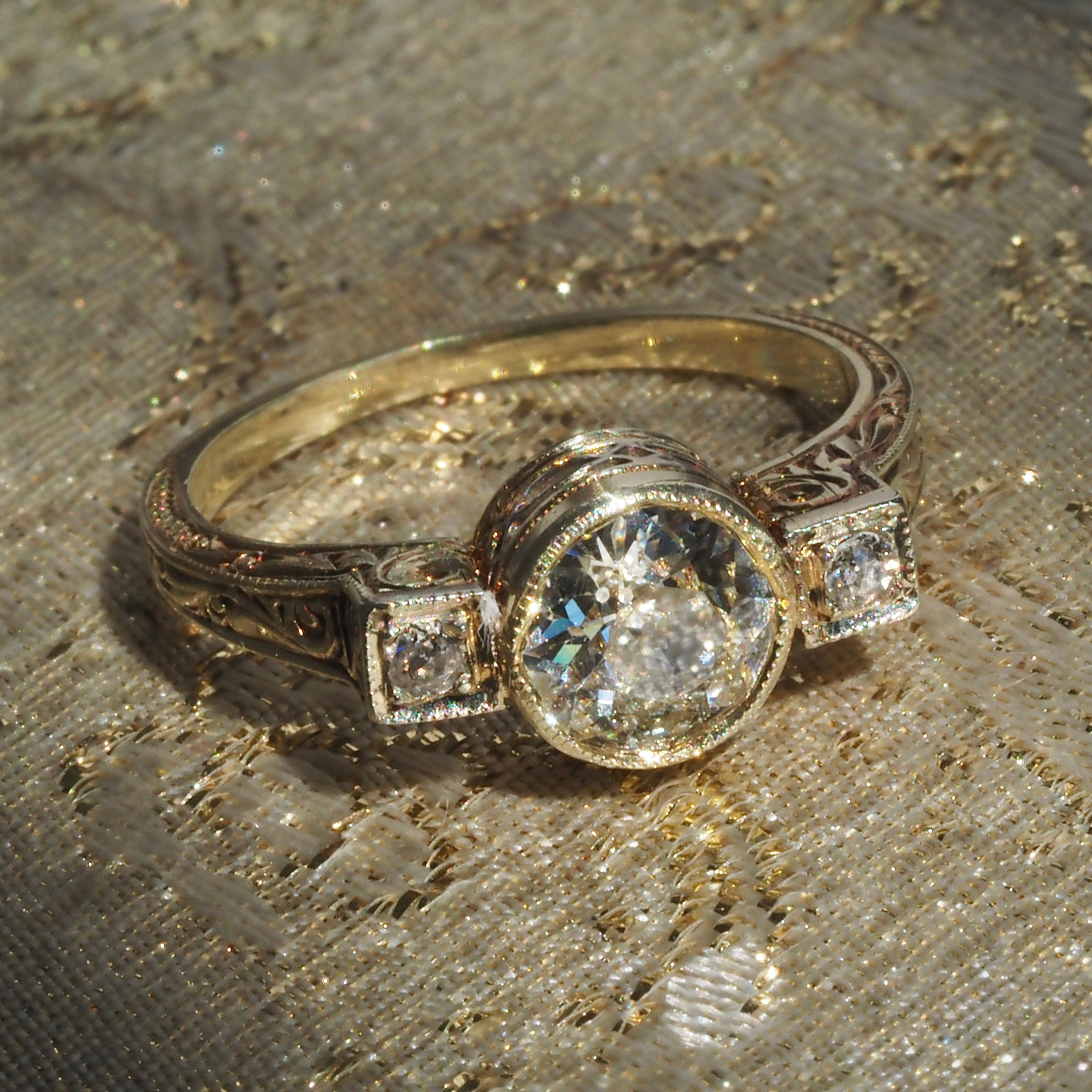 Antique Art Deco Trilogy Ring with Old European & Old Mine Cut Diamonds