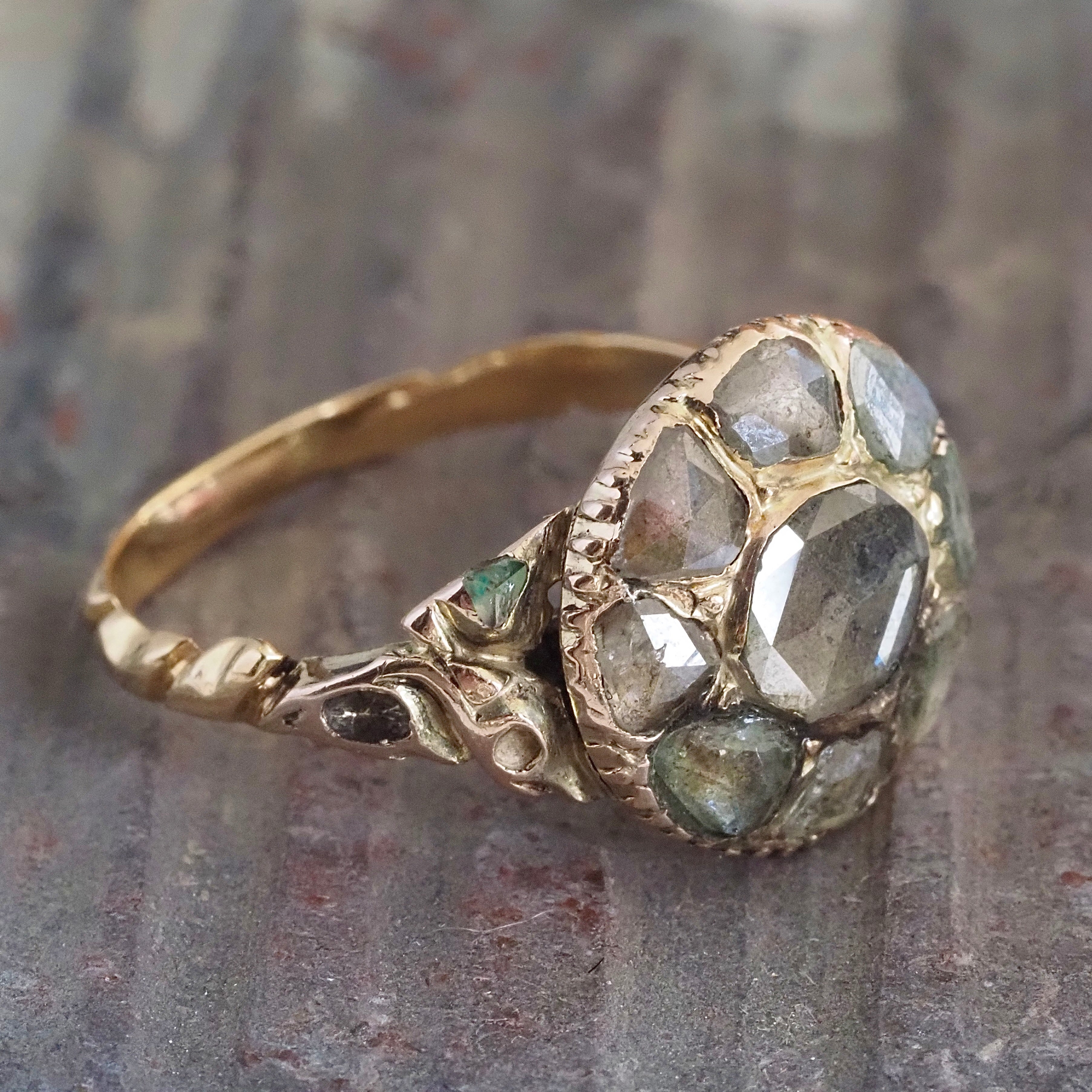 Antique French 14k Gold Rose Cut Diamond Cluster Ring