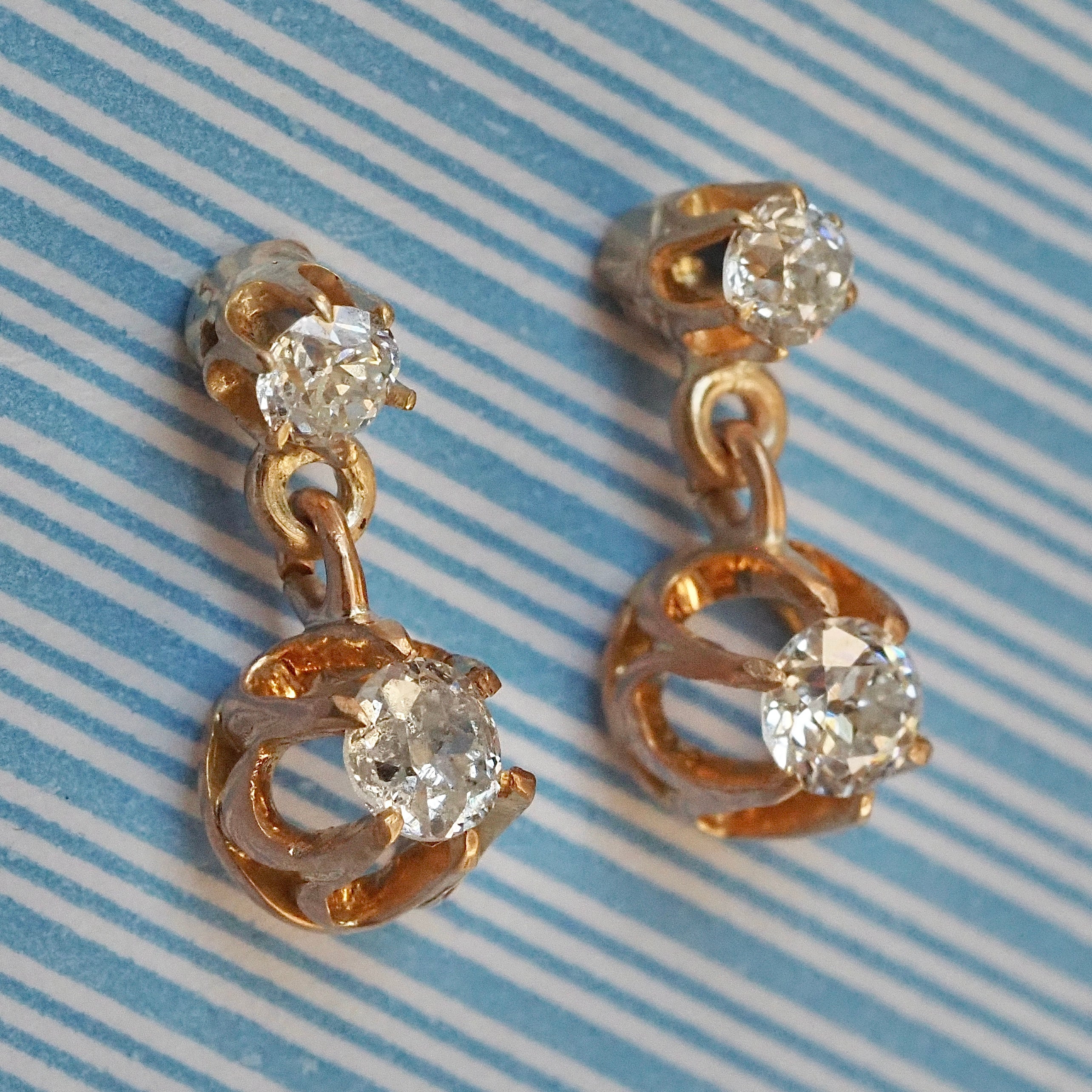 Antique Victorian 14k Gold Old Mine Cut Diamond Drop Earrings