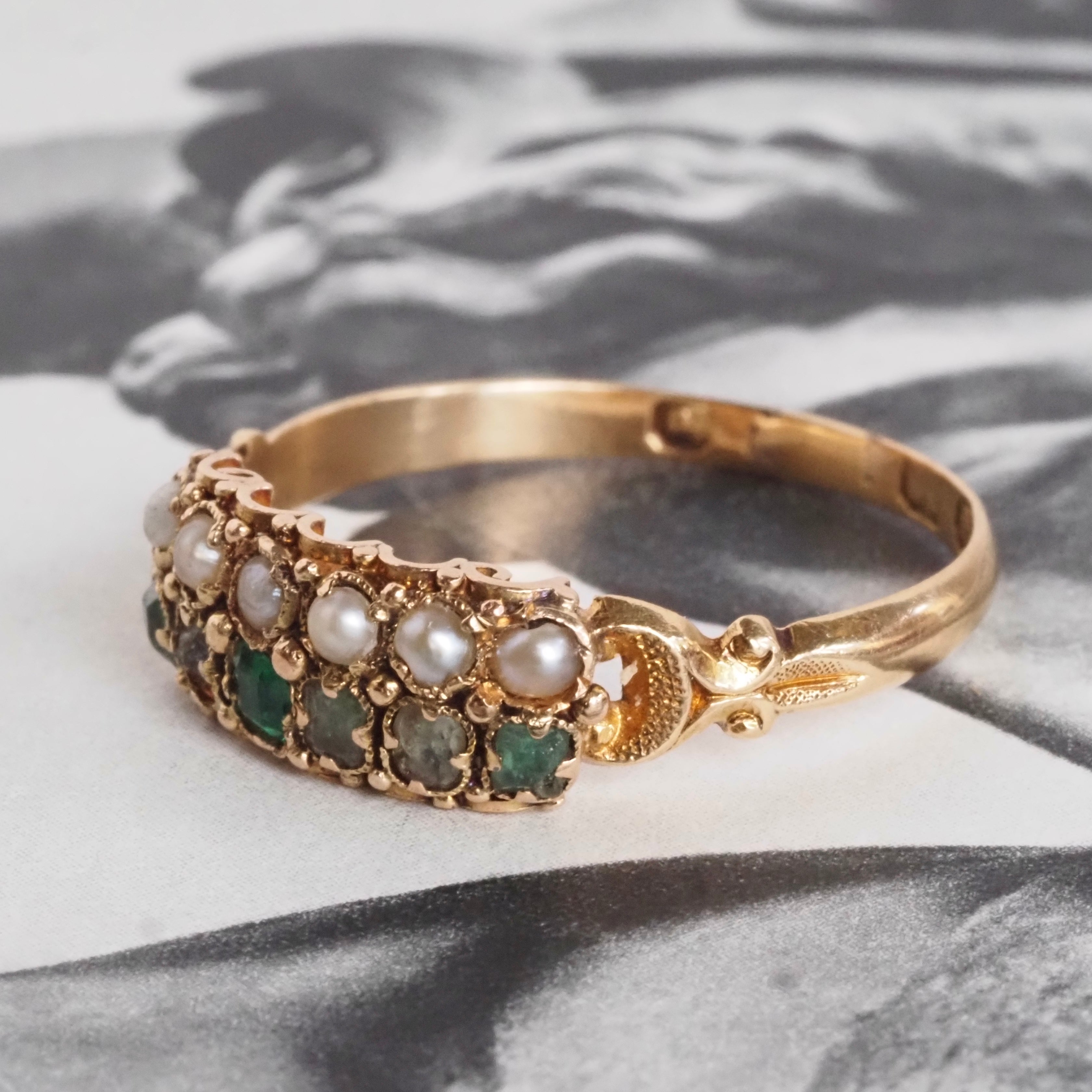 Antique English Victorian Emerald and Paste Seed Pearl 18k Gold Ring