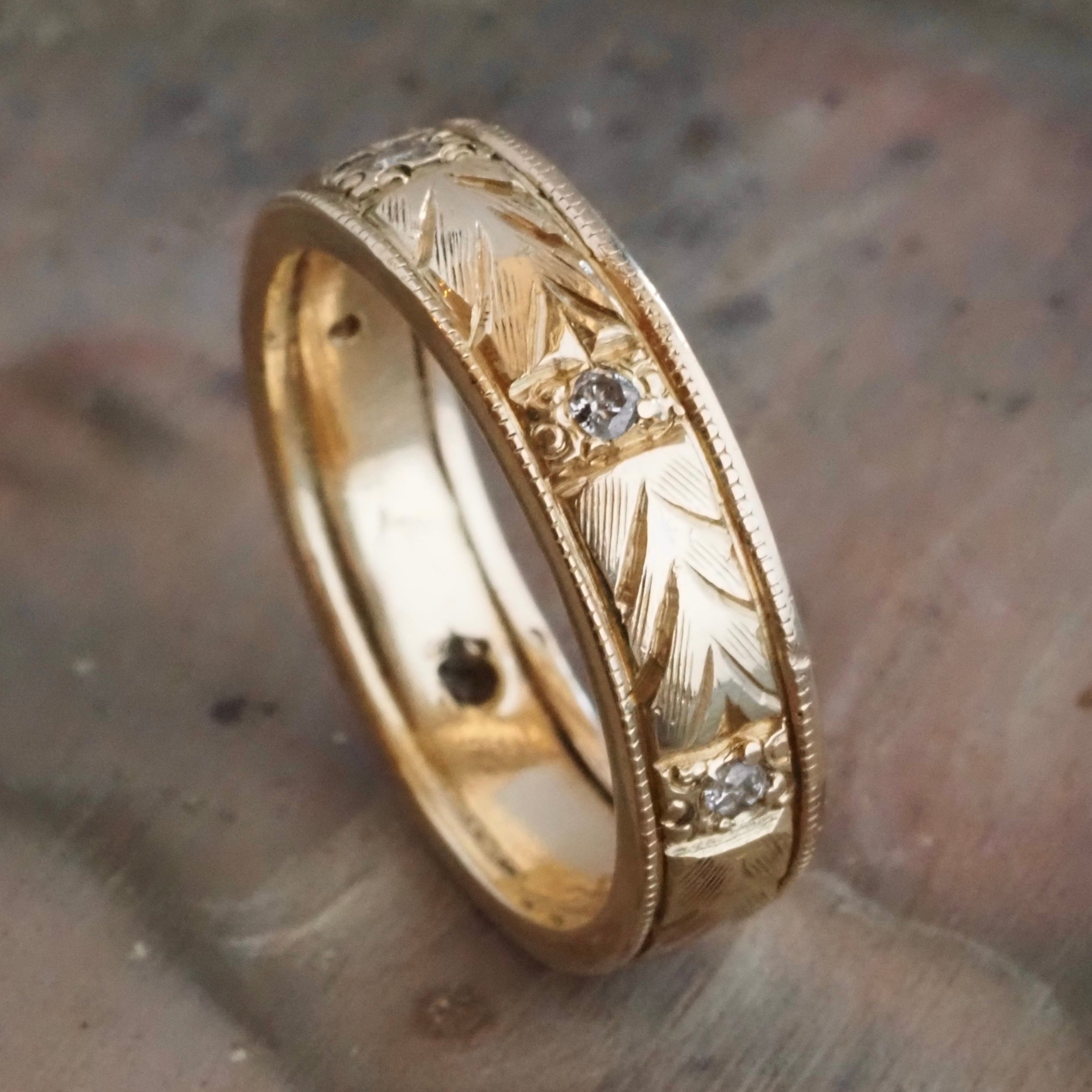 Vintage Diamond 14k Gold Floral Engraved Band