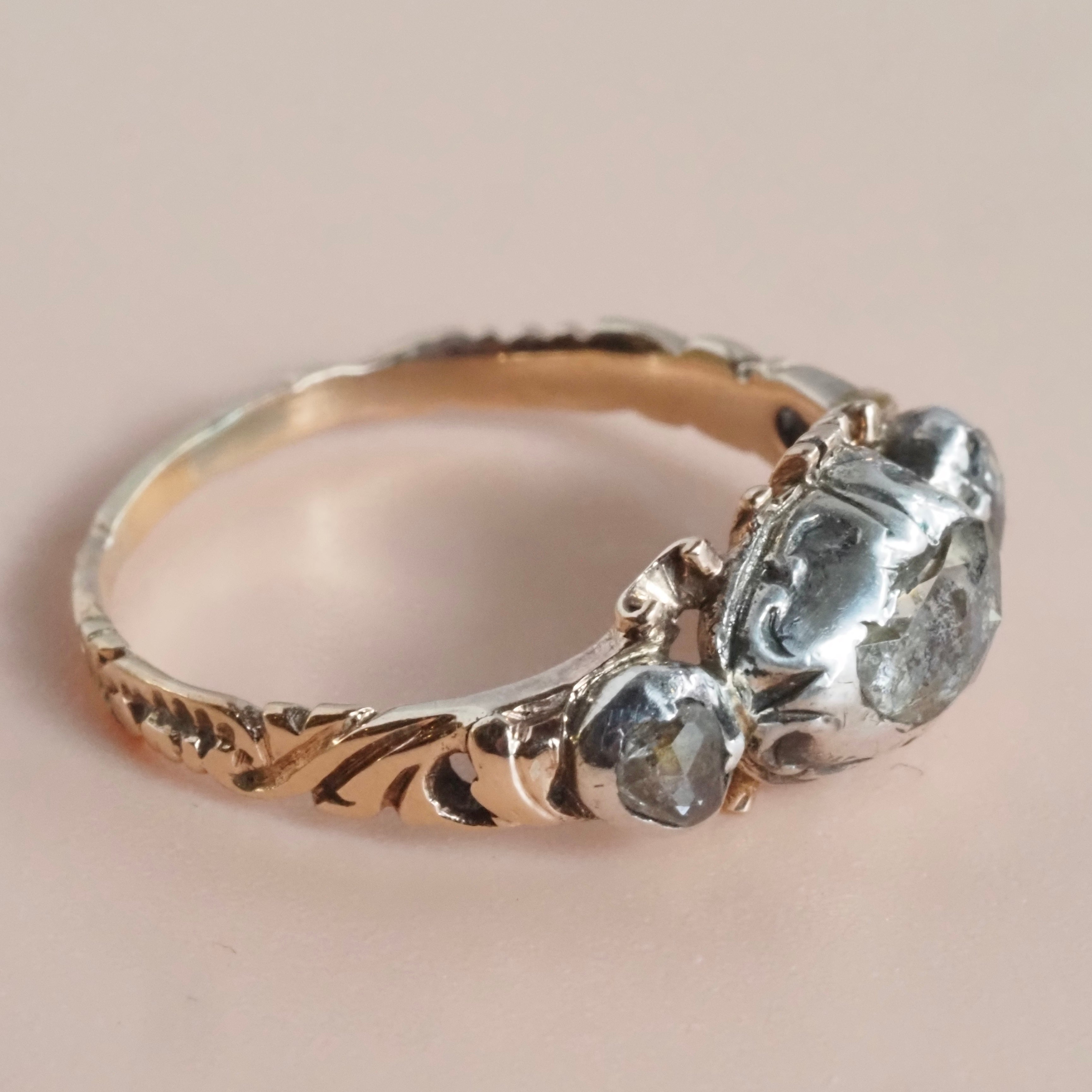 Antique Mid 18th Century Georgian Foil Back Rose Cut Diamond 14k Gold and Sterling Silver Trilogy Ring