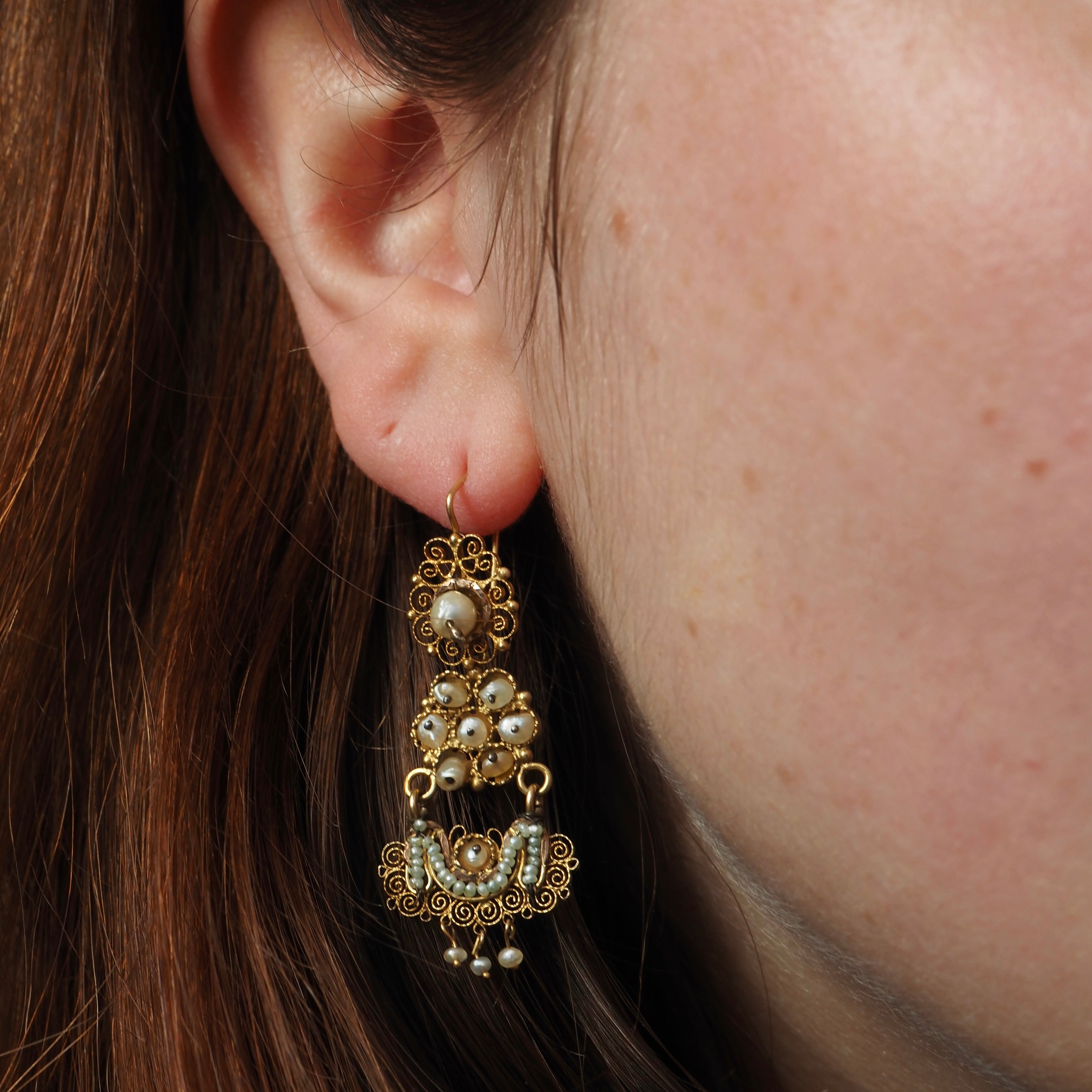 Antique Oaxacan Seed Pearl Gold Earrings