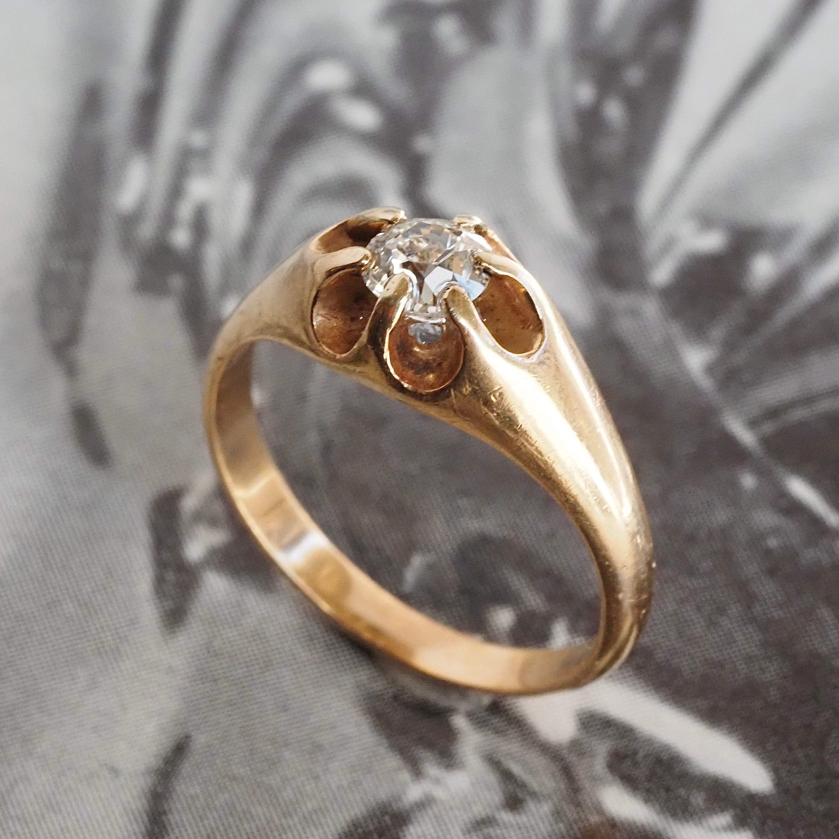 Antique Old Mine Cut Diamond Belcher Set 14k Gold Engagement Ring