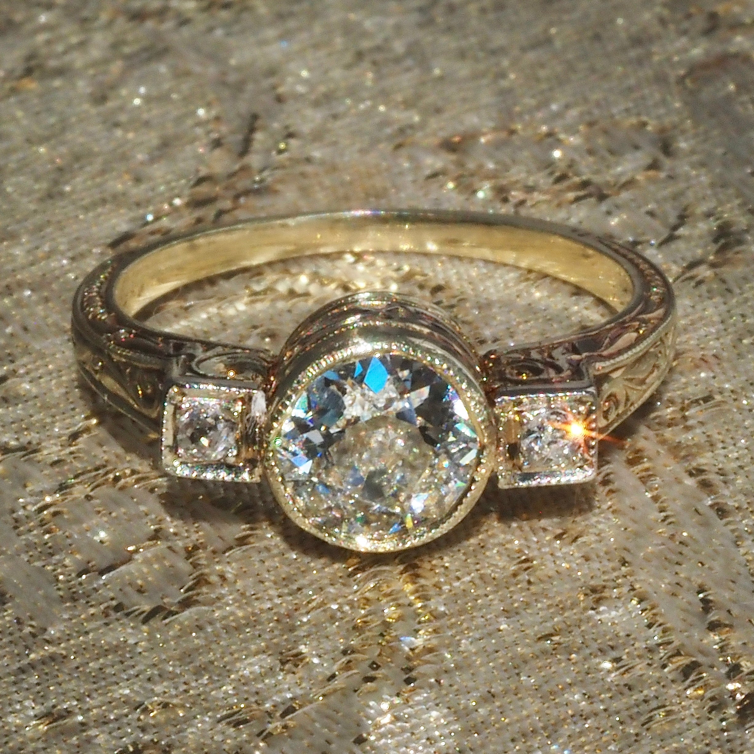 Antique Art Deco Trilogy Ring with Old European & Old Mine Cut Diamonds