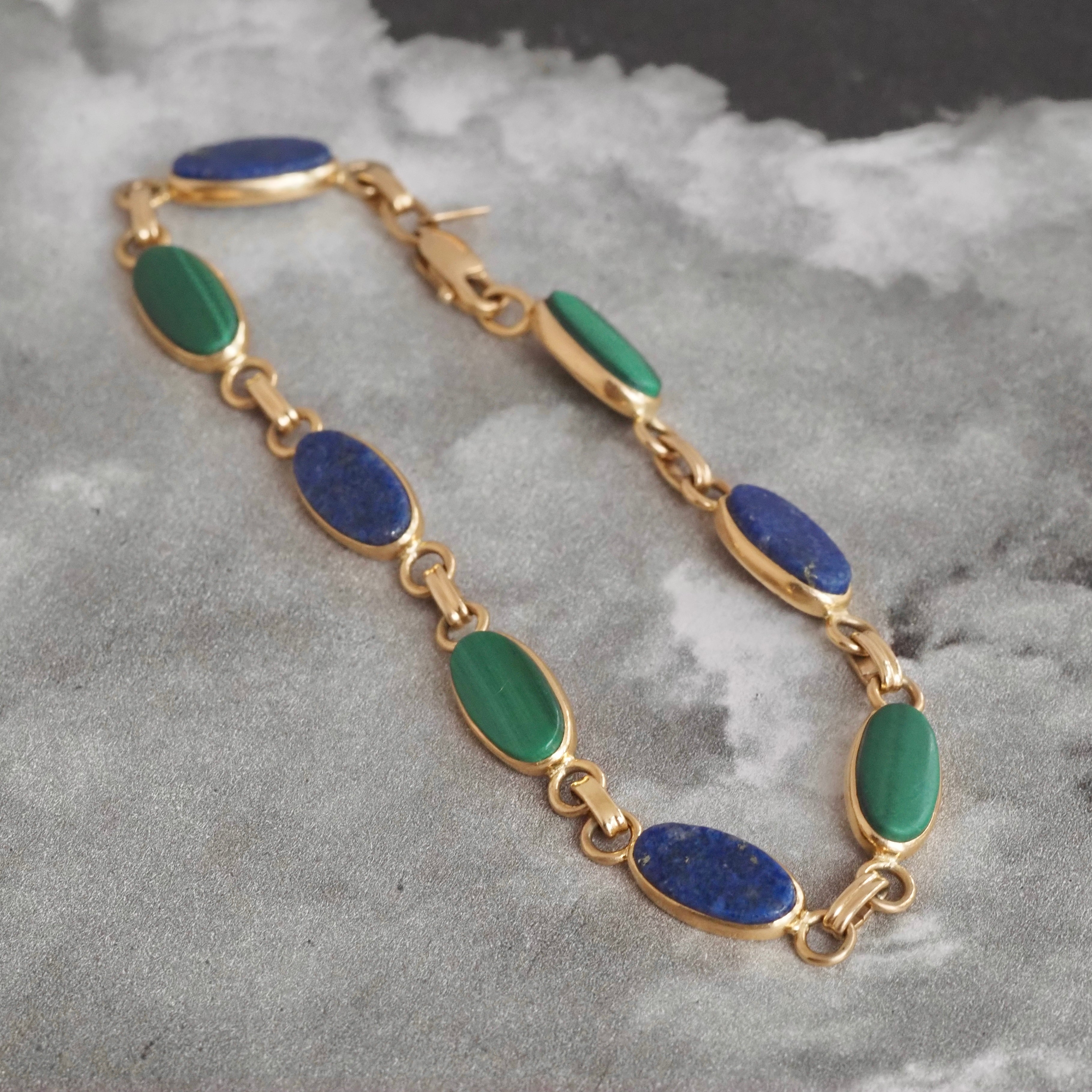 Vintage Lapis and Malachite 14k Gold Bracelet