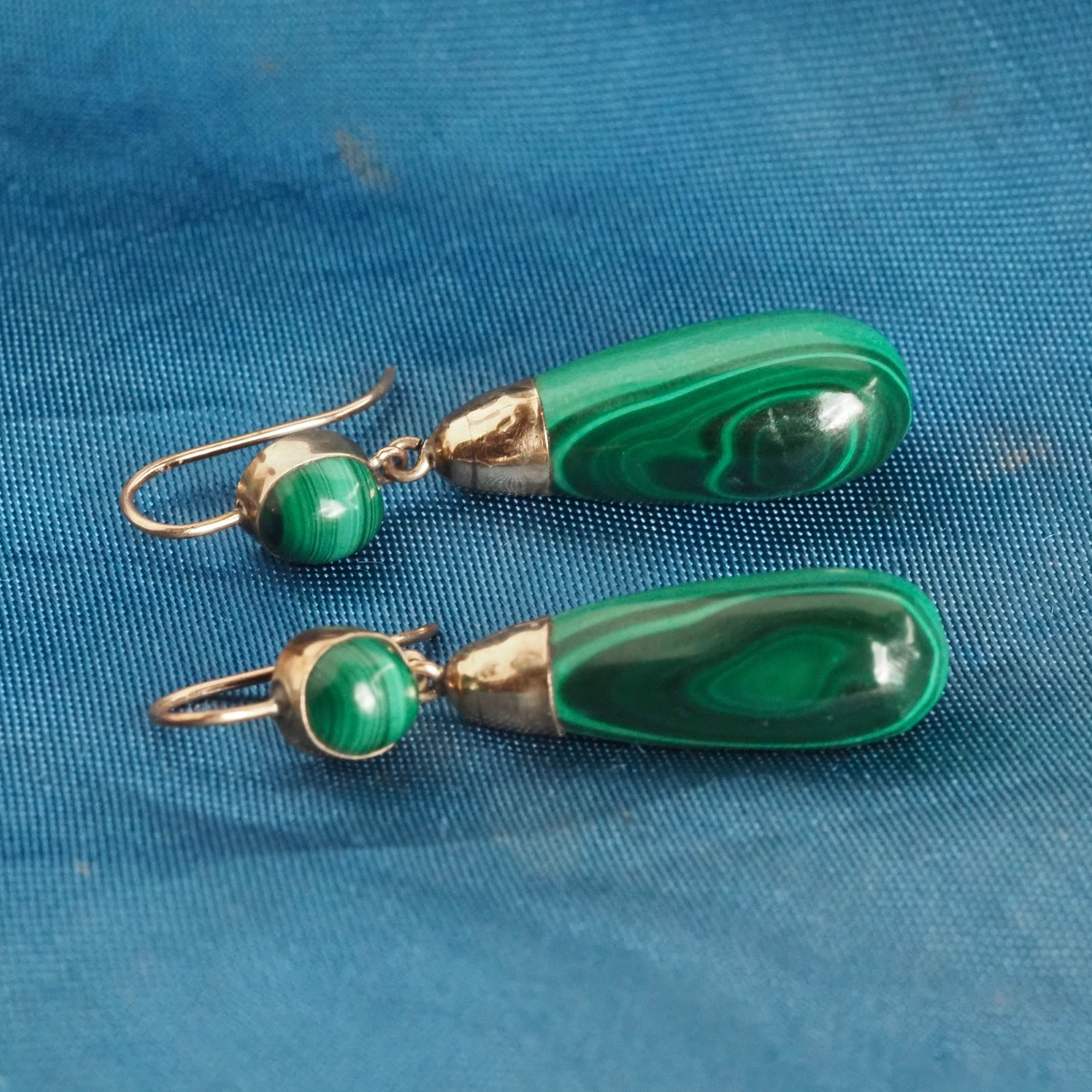 Antique Victorian Malachite 9k Gold Earrings