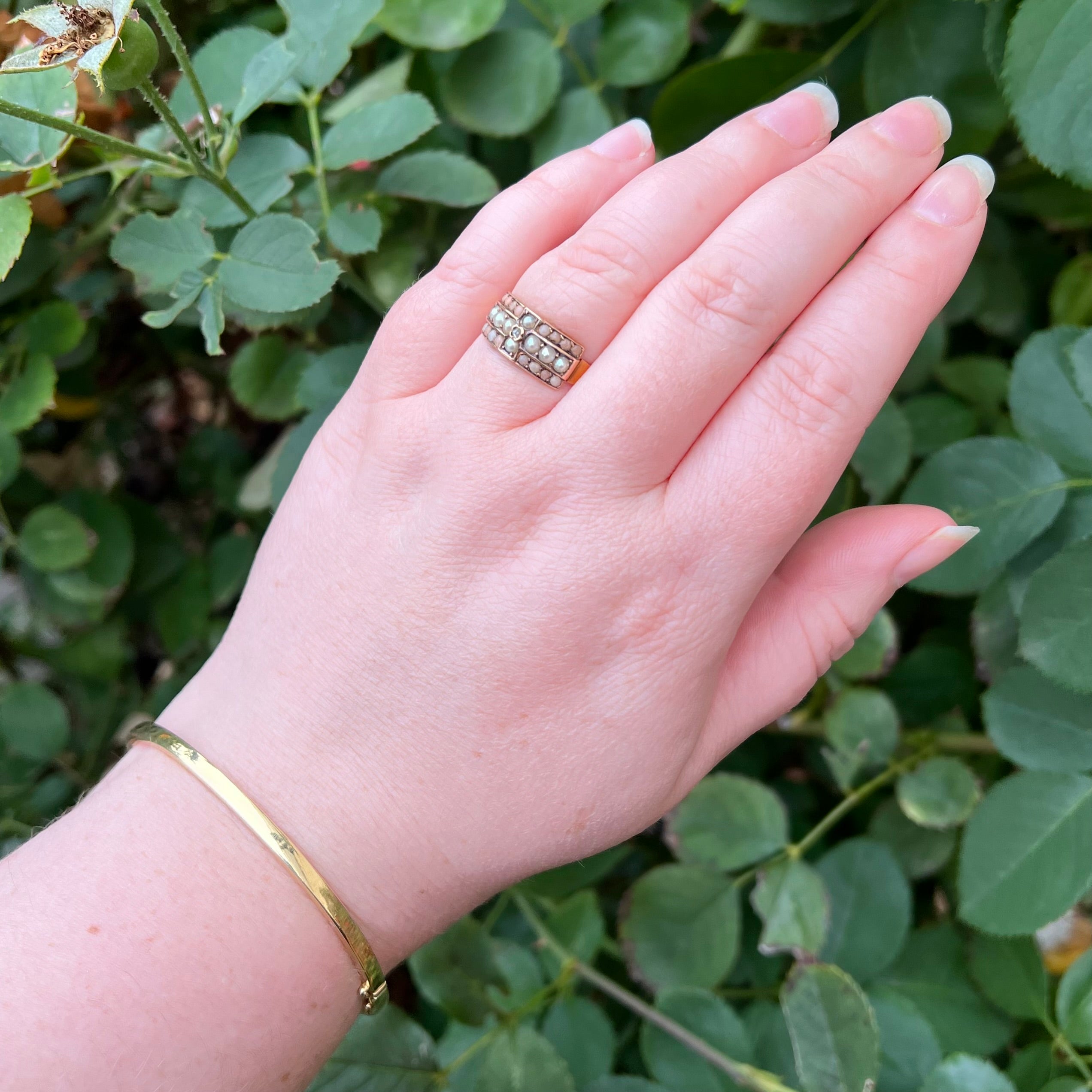 Antique Victorian 15k Gold Coral Diamond and Seed Pearl Ring