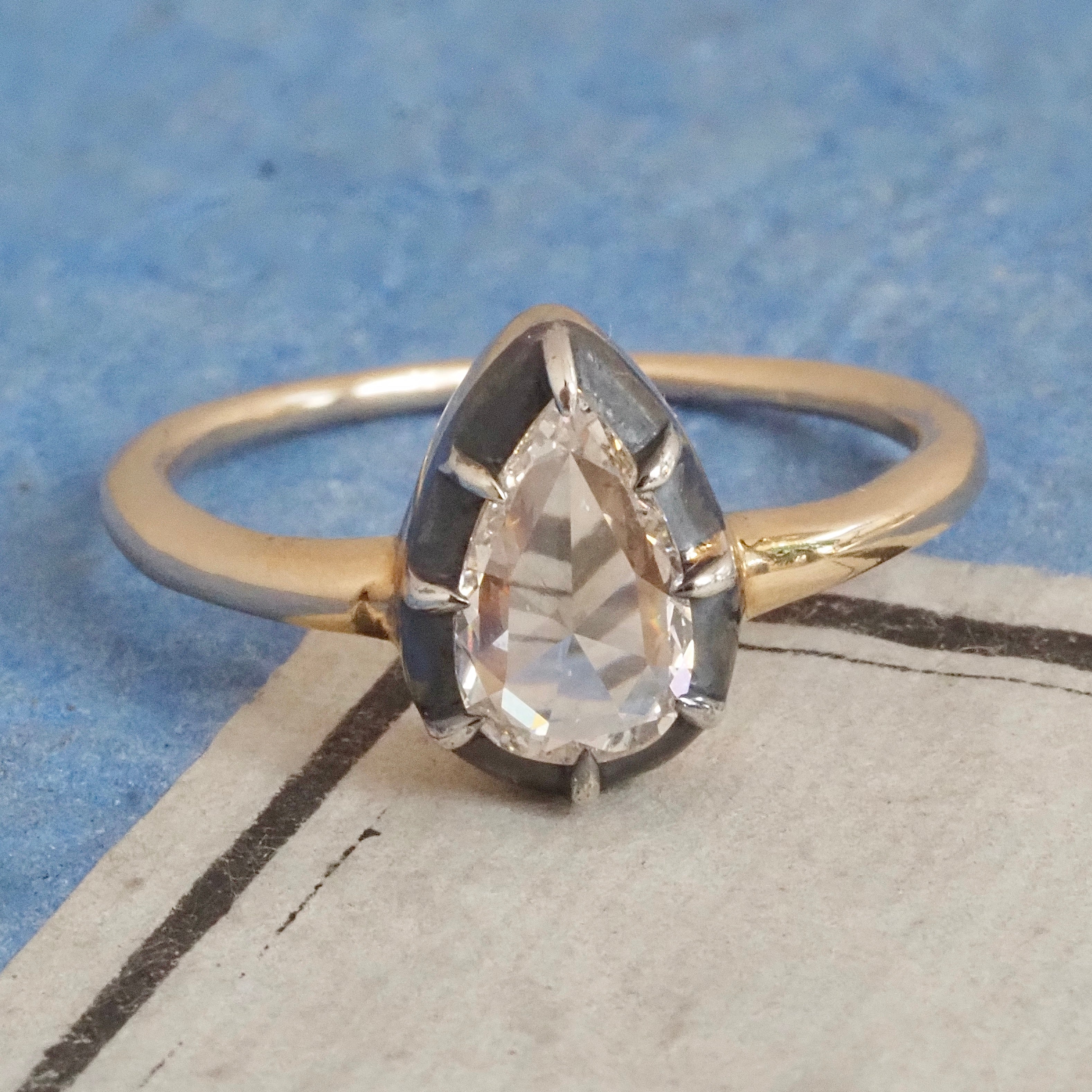 Georgian Style Pear Rose Cut Diamond 14k Gold and Sterling Silver Solitaire Engagement Ring
