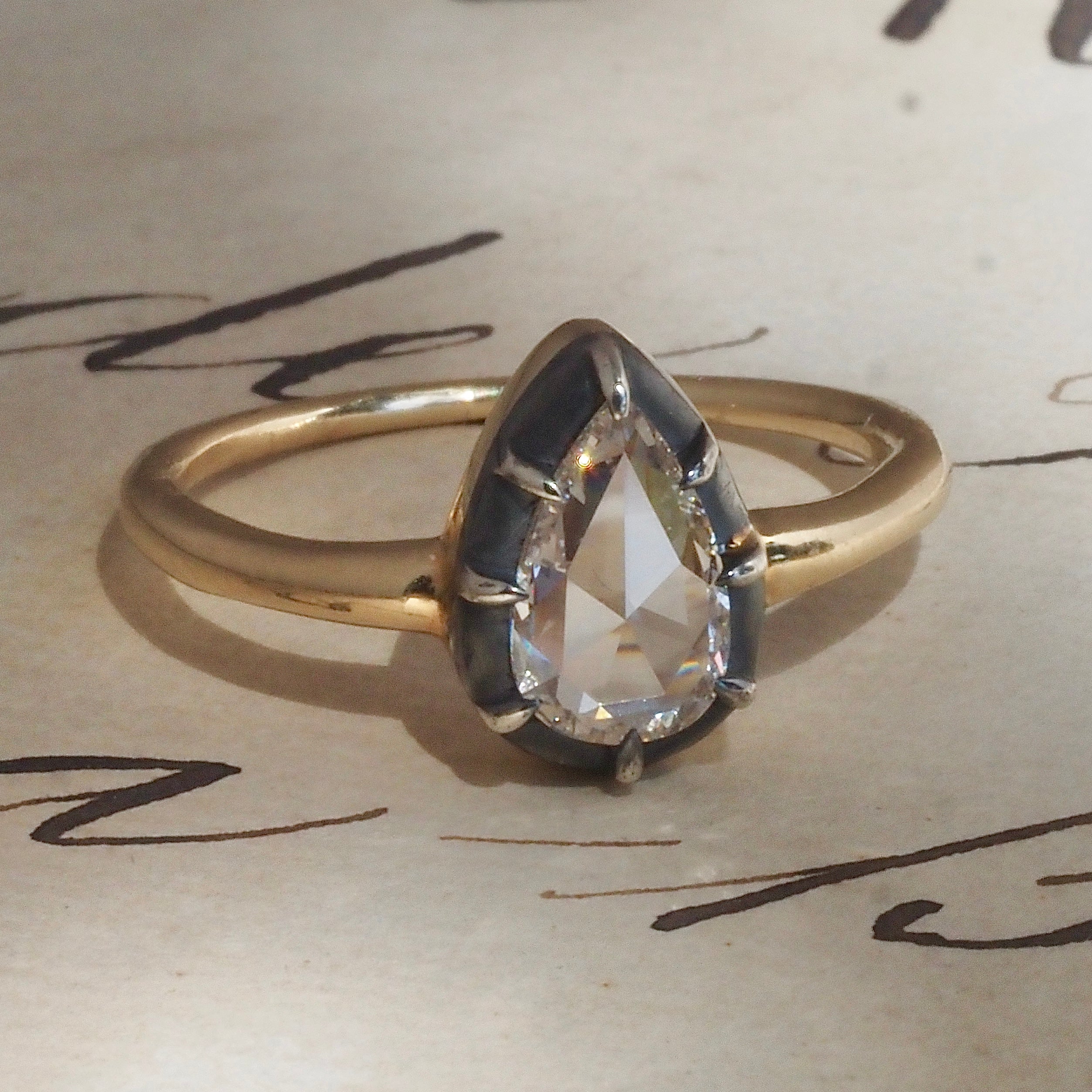 Georgian Style Pear Rose Cut Diamond 14k Gold and Sterling Silver Solitaire Engagement Ring